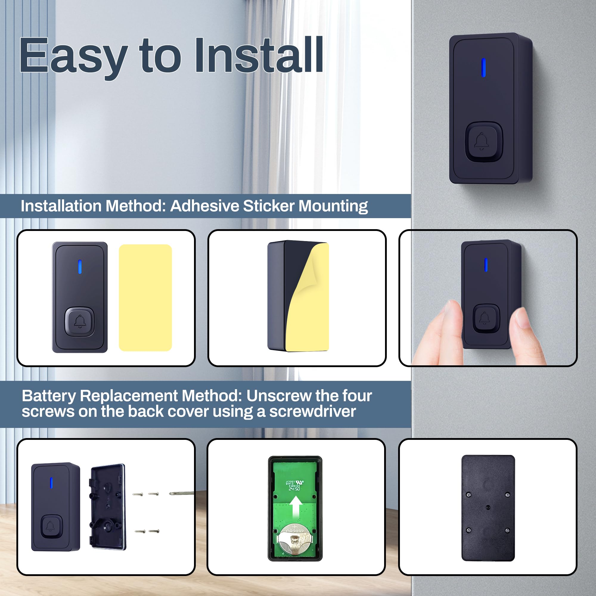 BN-LINK Timbre inalámbrico para el hogar con 2 receptores, mini timbre para garaje, botón de timbre montado en la pared para apartamento, dormitorio, aula, habitación de los niños (negro)