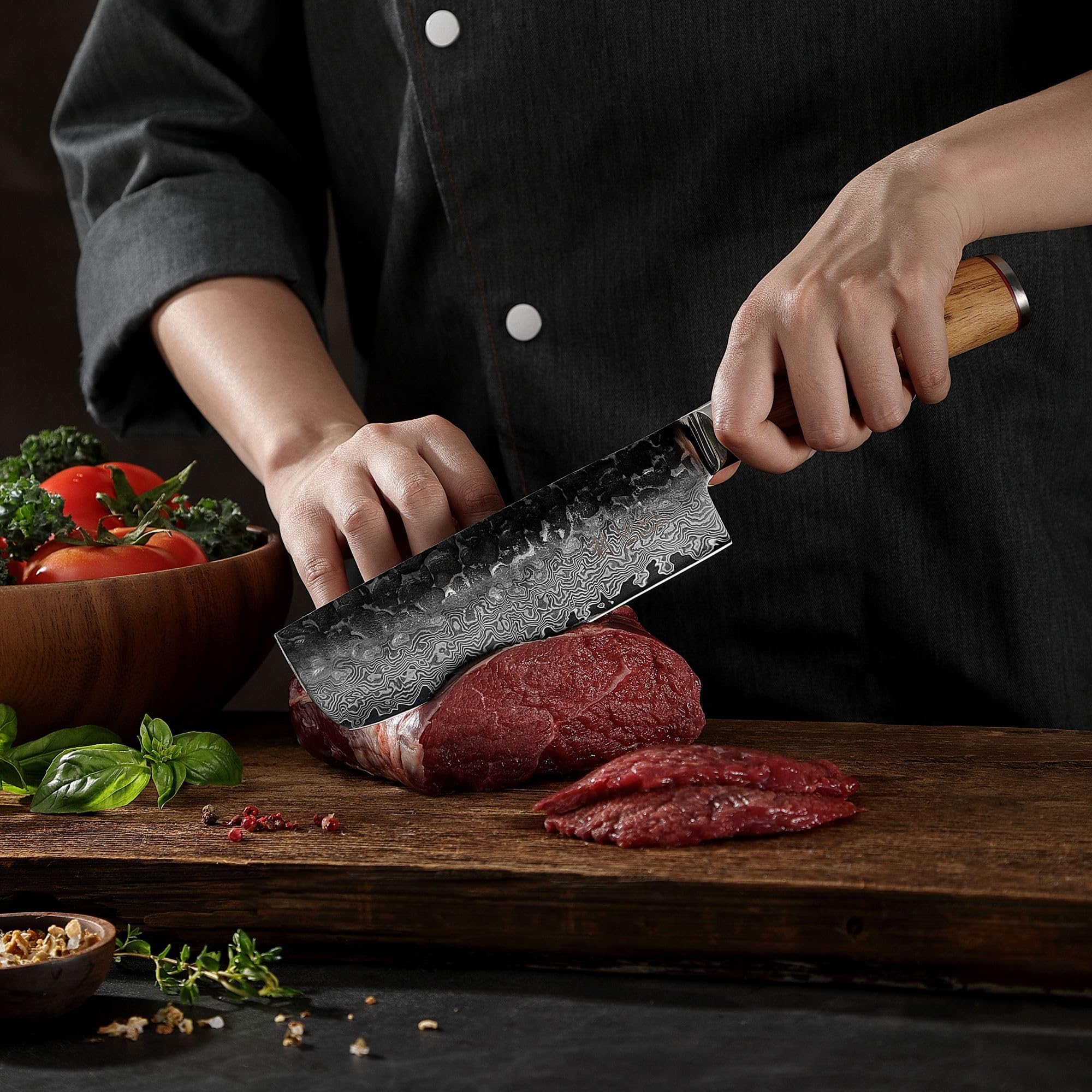 WAKOLI Couteau Nakiri de Cuisine en Damas, 17,5 cm, Manche en Olivier
