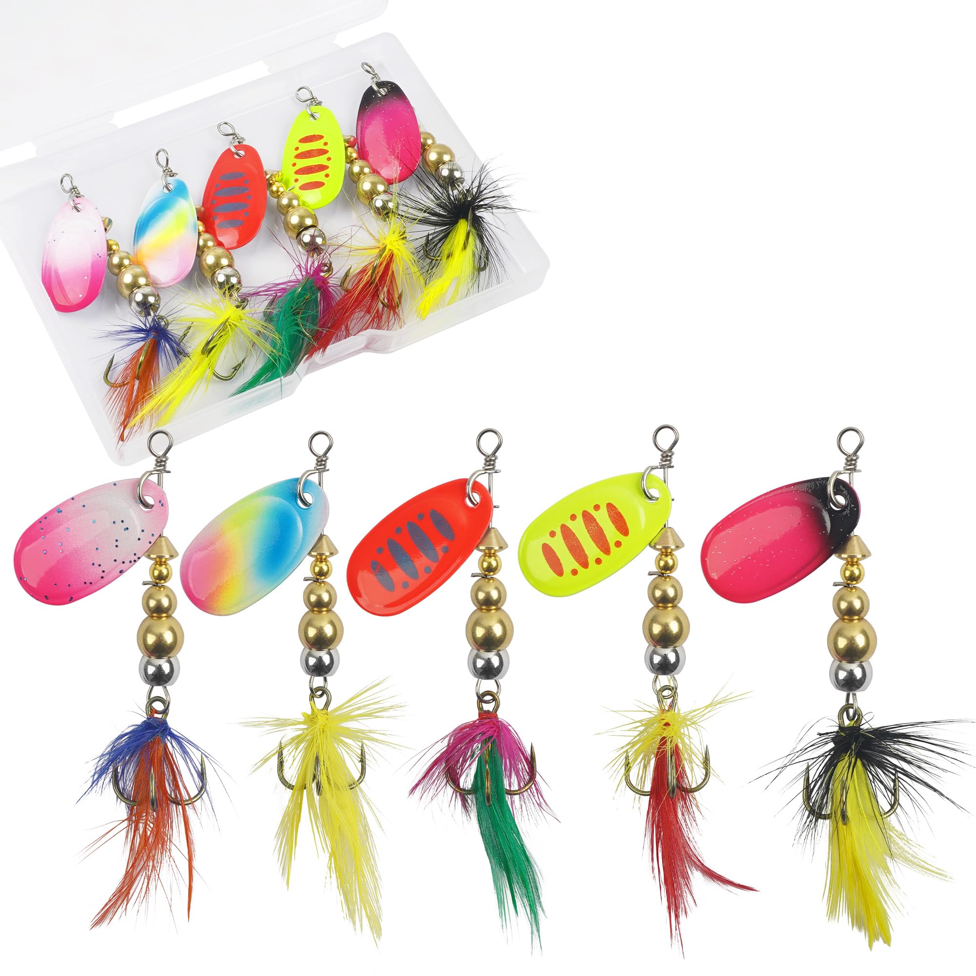 Fishing Lures Spinner Baits Kit Hard Metal Fishing Spinnerbaits Spoon Lures Set Multicolor Lifelike Rotating Spinner Swimbaits for Trout Salmon Bass Walleye (5pcs-Weight:6.8~7.2g)