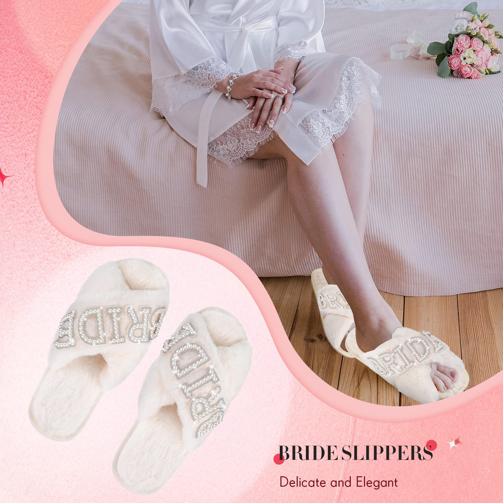 Pantuflas de novia para boda blancas suaves para mujer, pantuflas de novia con punta abierta para regalo de novia y despedida de soltera, Blanco cremoso 3