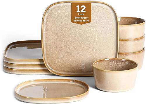 Miniatura 13 de Stone Lain Grace - Juego de vajilla cuadrada de gres, 12 piezas de servicio para 4, juego de platos y tazones, color negro Negro -,Blanco