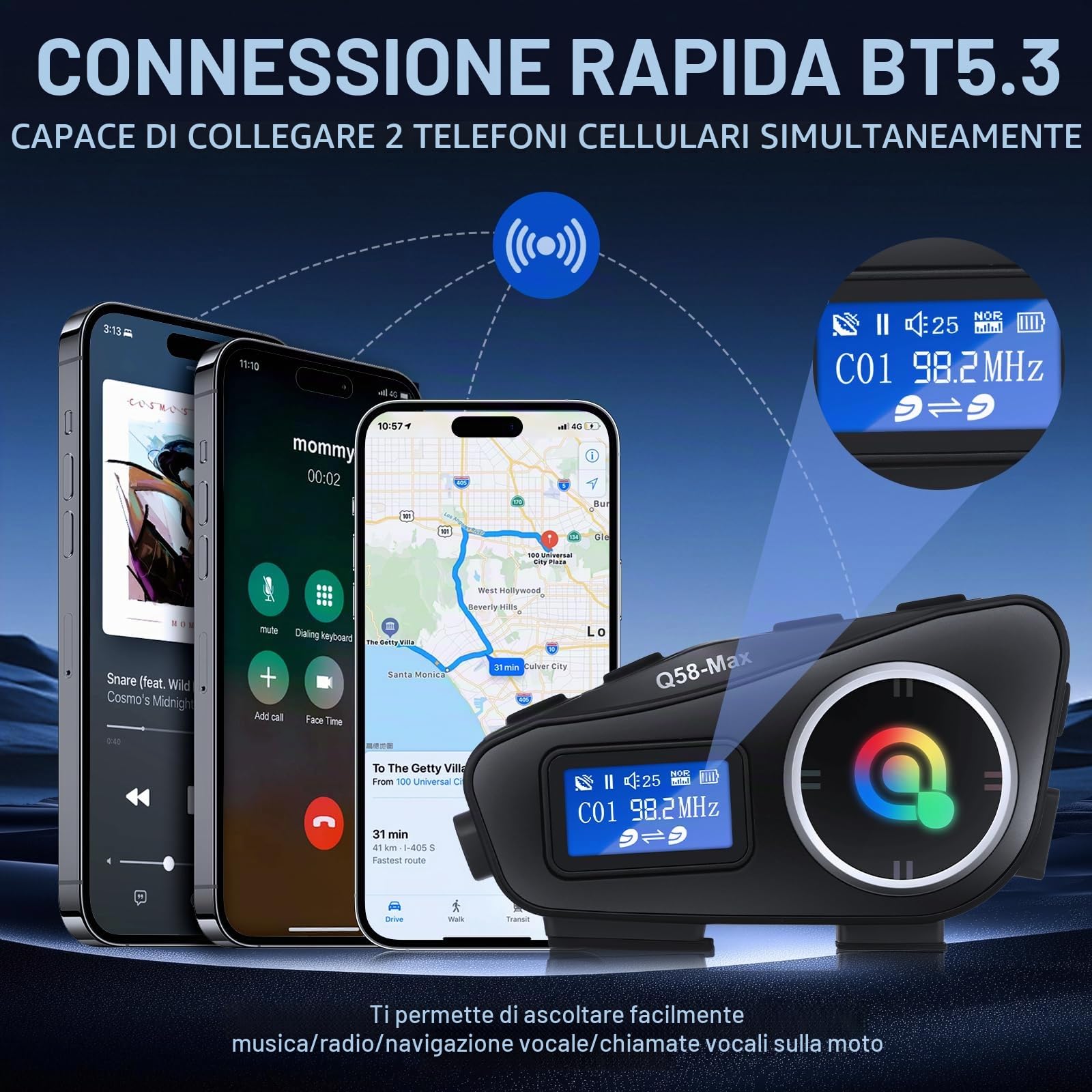 Intercom per casco da moto, 1000 m, con collegamento BT5.3 | Cancellazione del rumore, vivavoce, impermeabile IP65, indicatore di livello della batteria per tutti i caschi da moto