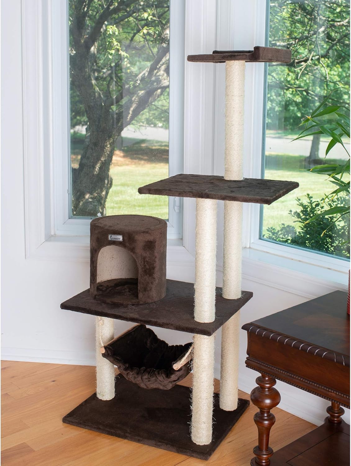 review GleePet GP78590223 Cat Tree with Hammock, 59-Inch, Coffee Brown