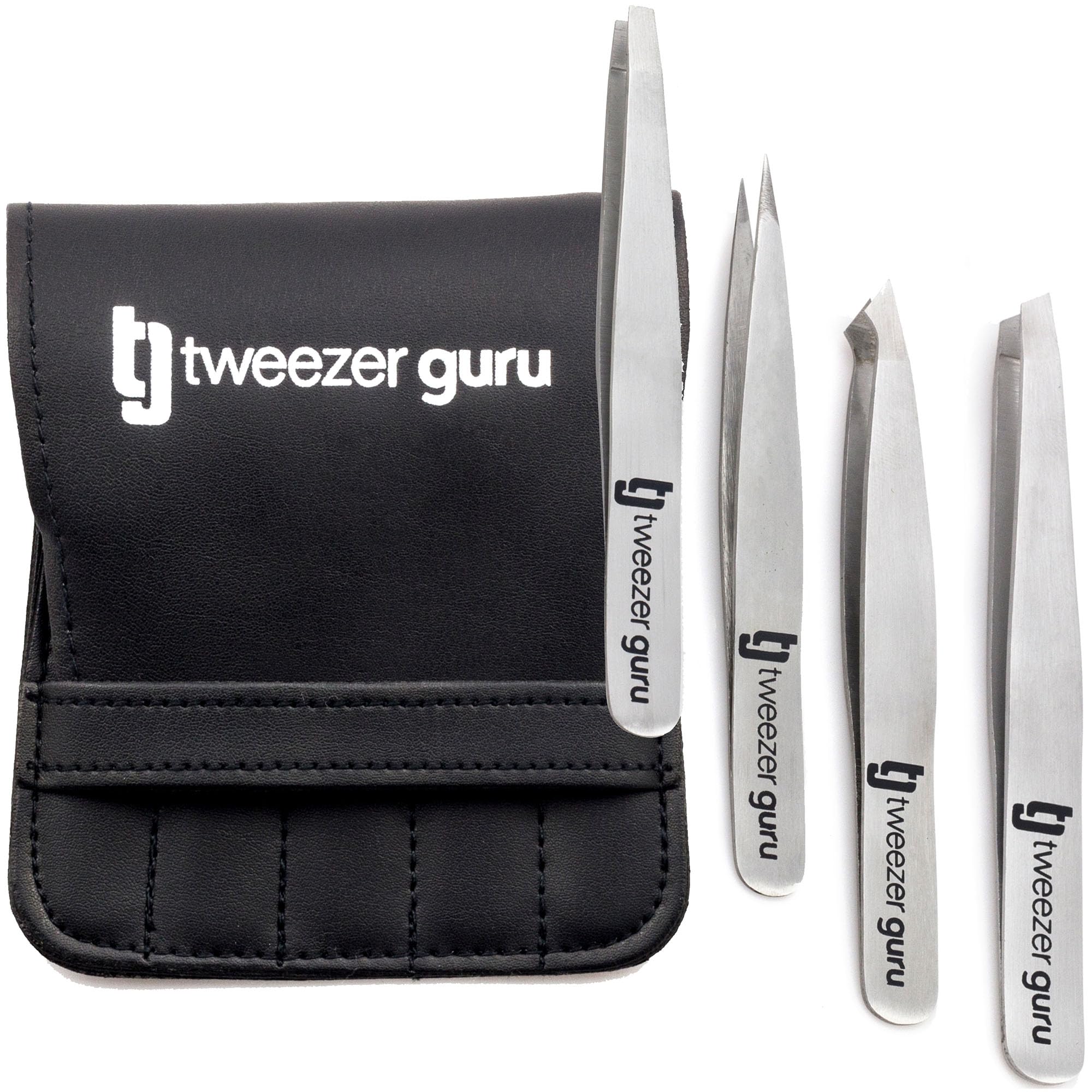 Eyebrow Tweezer Set for Women & Men - Professional Slant and Pointed Tweezers Set with Case - Precision Tweezers Kit for Facial Hair, Splinter and Ingrown Hair Removal (4 PC-W)