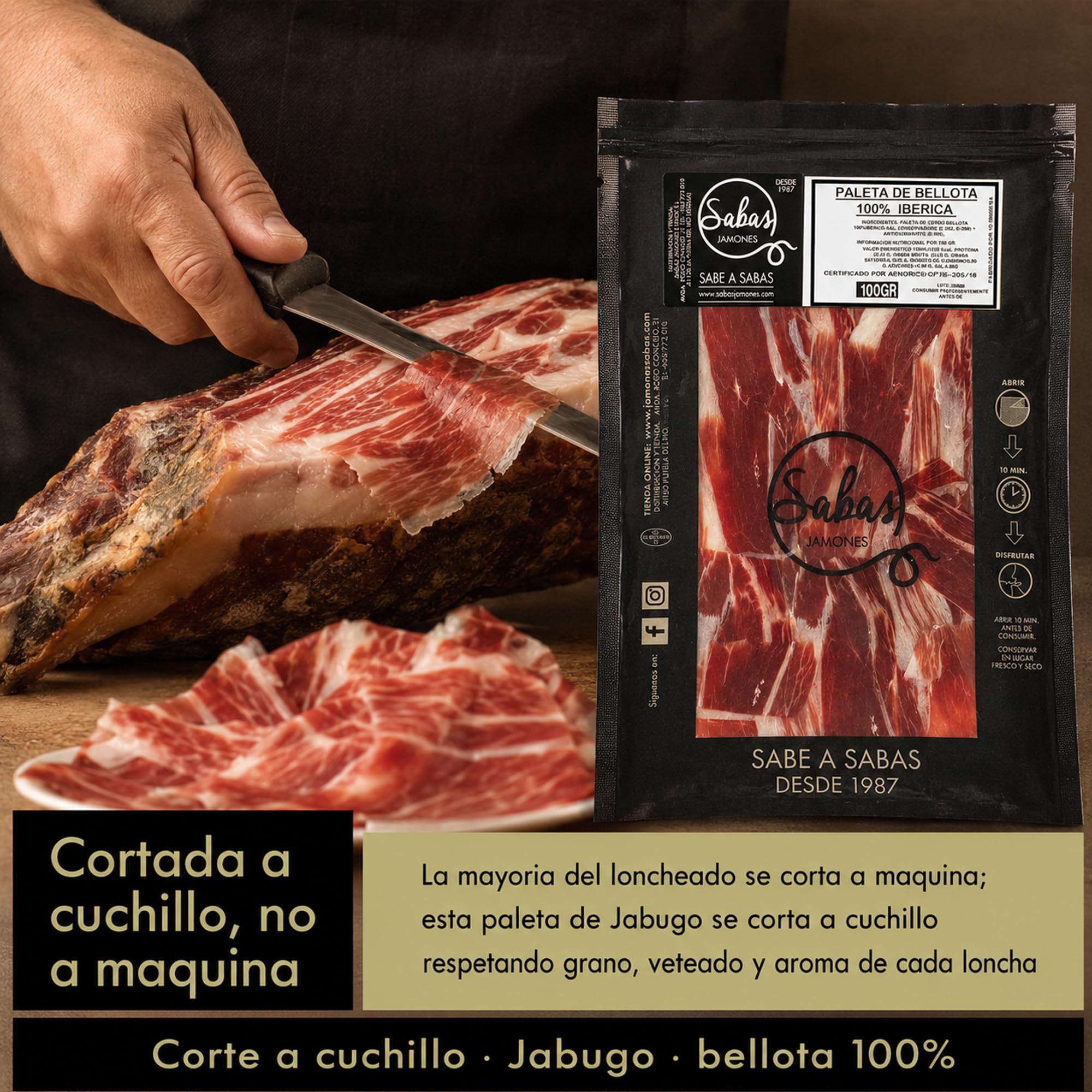 Paleta de Bellota 100% Iberica de Jabugo Cortada a Cuchillo 5 Sobres 100 g | Jamon iberico loncheado pata negra al vacio; curacion 30 meses, Sierra Huelva. Para tabla, aperitivo, cesta y regalo