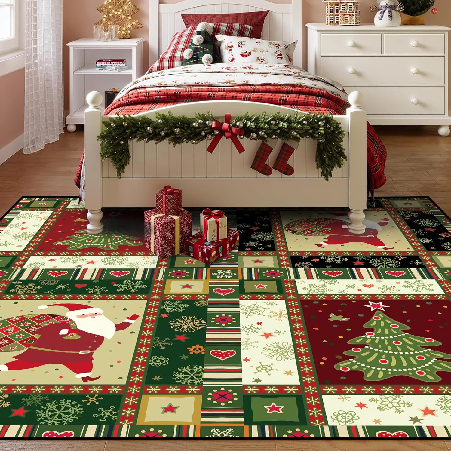 5' x 7' Christmas Rug Plaid Floor Mat Santa Christmas Tree Doormat Living Dining Room Bedroom Carpet Home Festive Decoration