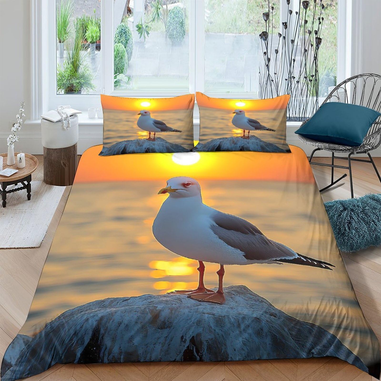 Ctjqhvkz Style-8 3D Printed Seagull Sunset Fitted Sheet Microfiber Soft Orange Gradient Mattress Cover For Bedroom And Guest Room Decor Single（135X200cm）