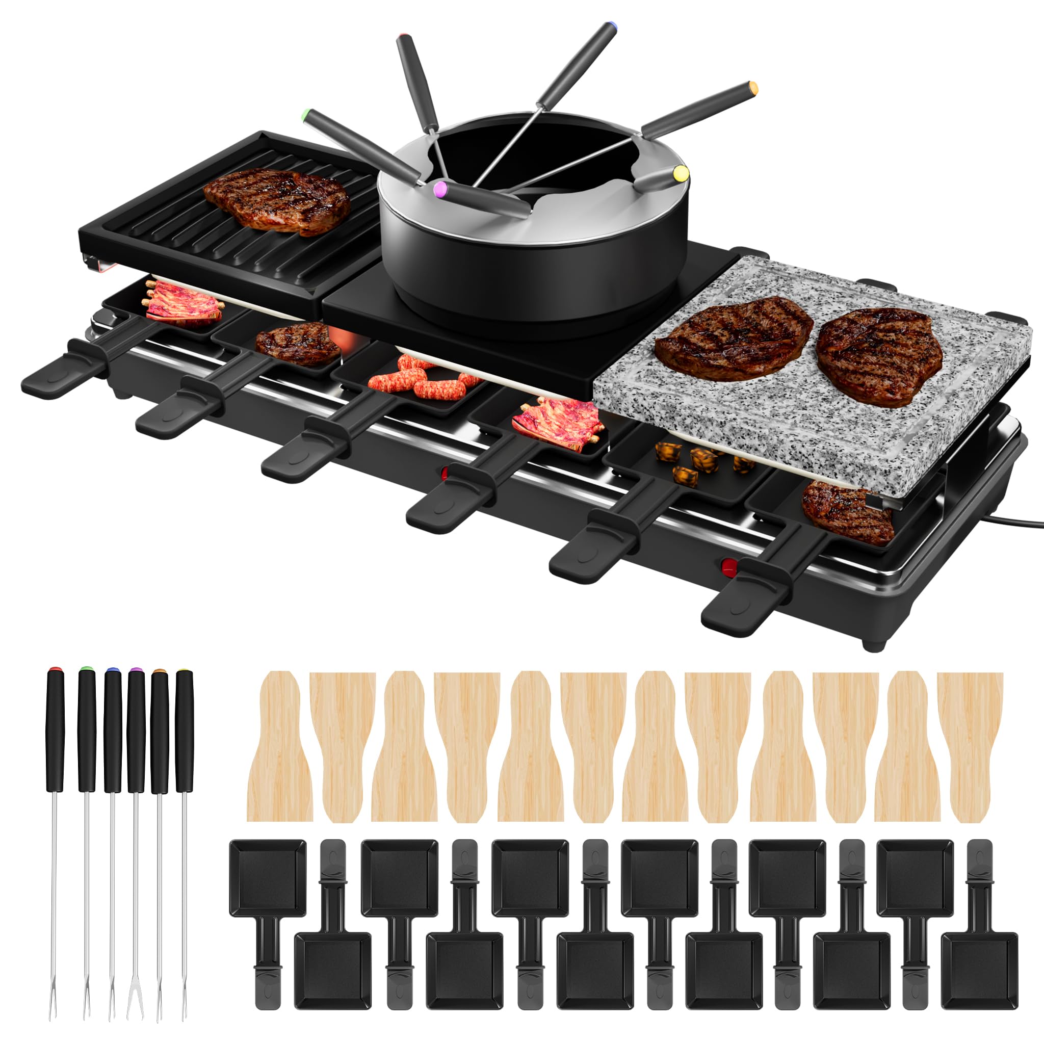 1650W Raclette Grill für 12 Personen Doppelstöckiger Tischgrill inkl. Antihaftbeschichtet, Steinplatte, Klein Tablettes, Holzspateln, Suppentopf & Kabel Edelstahl Elektrogrill für Party Camping