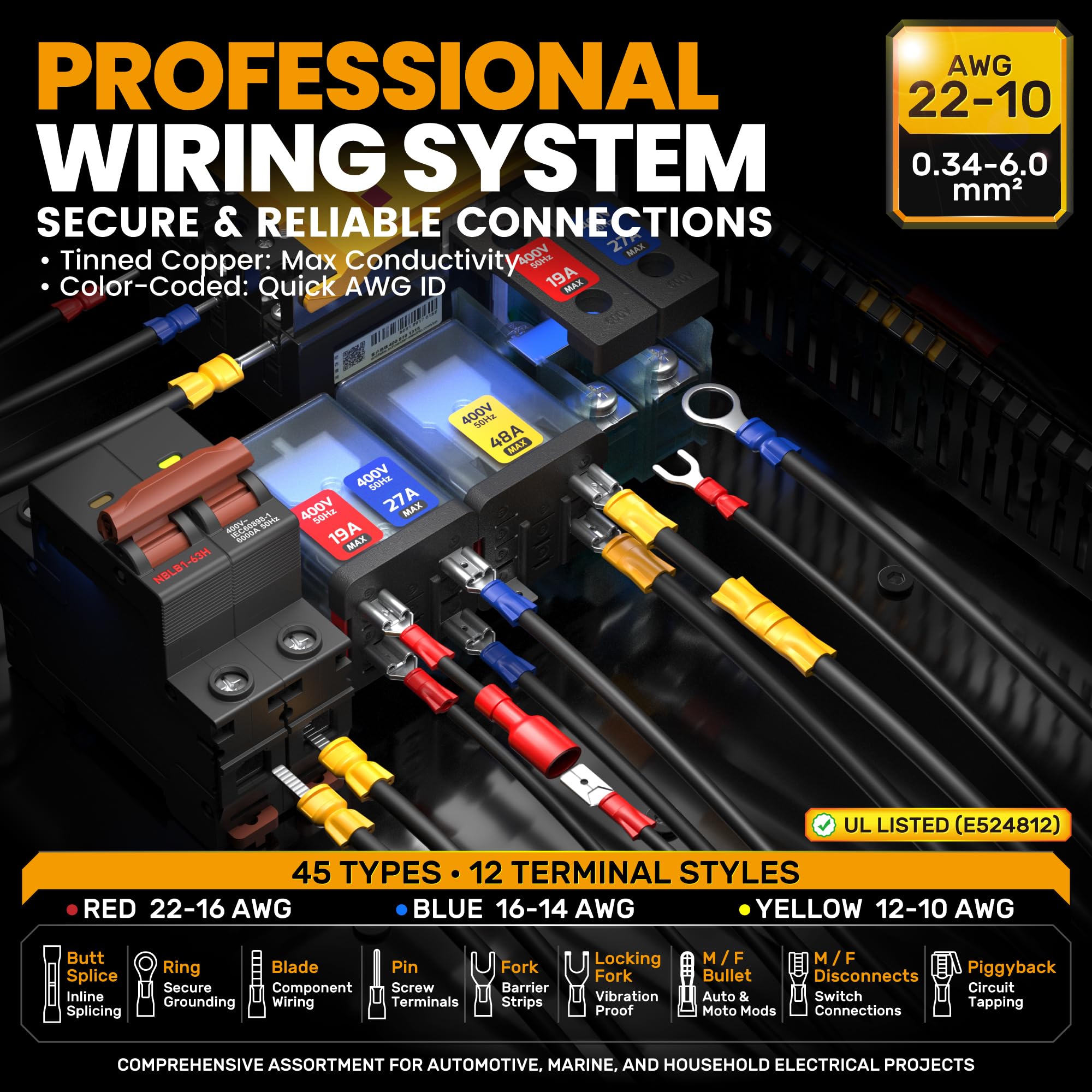 SOMELINE Kit de Crimpadora Terminales Eléctricos, 39 Tipos de Terminales Preaislados, 0,34–6mm² Crimpadora Autoajustable de Trinquete y Pelacables, para Electricista, Automoción y Bricolaje