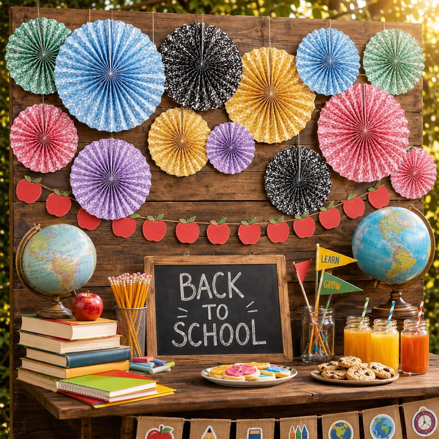 18 Pcs Back to School Hanging Paper Fans Composition Notebook Classroom Decor Marble Pastel Round Paper Fans Composition Bulletin Board Decor for Wall Backdrop First Day of School Party Supplies