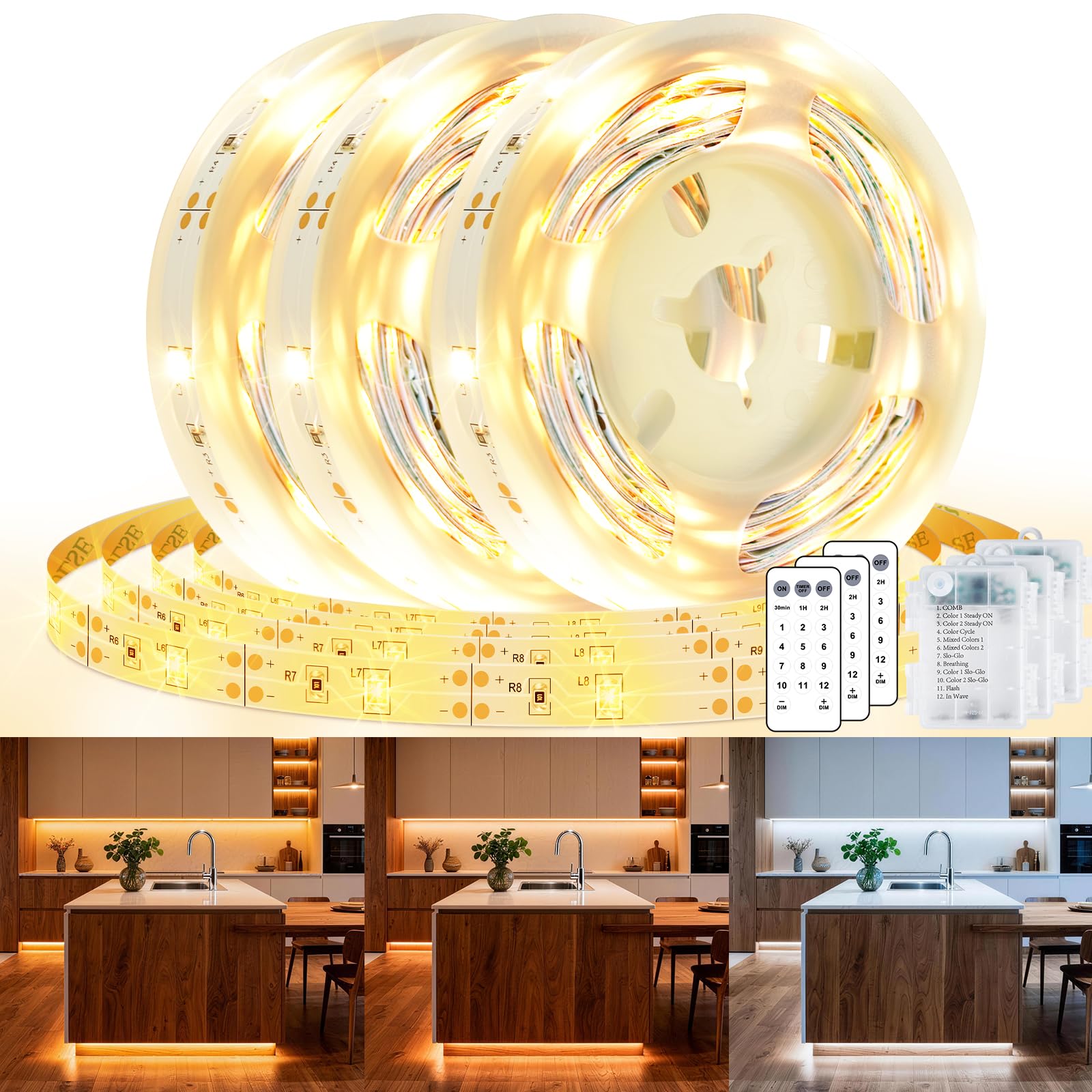 LED Streifen mit Batterie 3M, 3 Stück LED Strip Lights mit Fernbedienung Timer, LEDs Streifen Batterie, LED Stripes Warmweiß und Kaltweiß Dimmbar, 12 Modi LED Band für Schränke Regale Treppen Küche