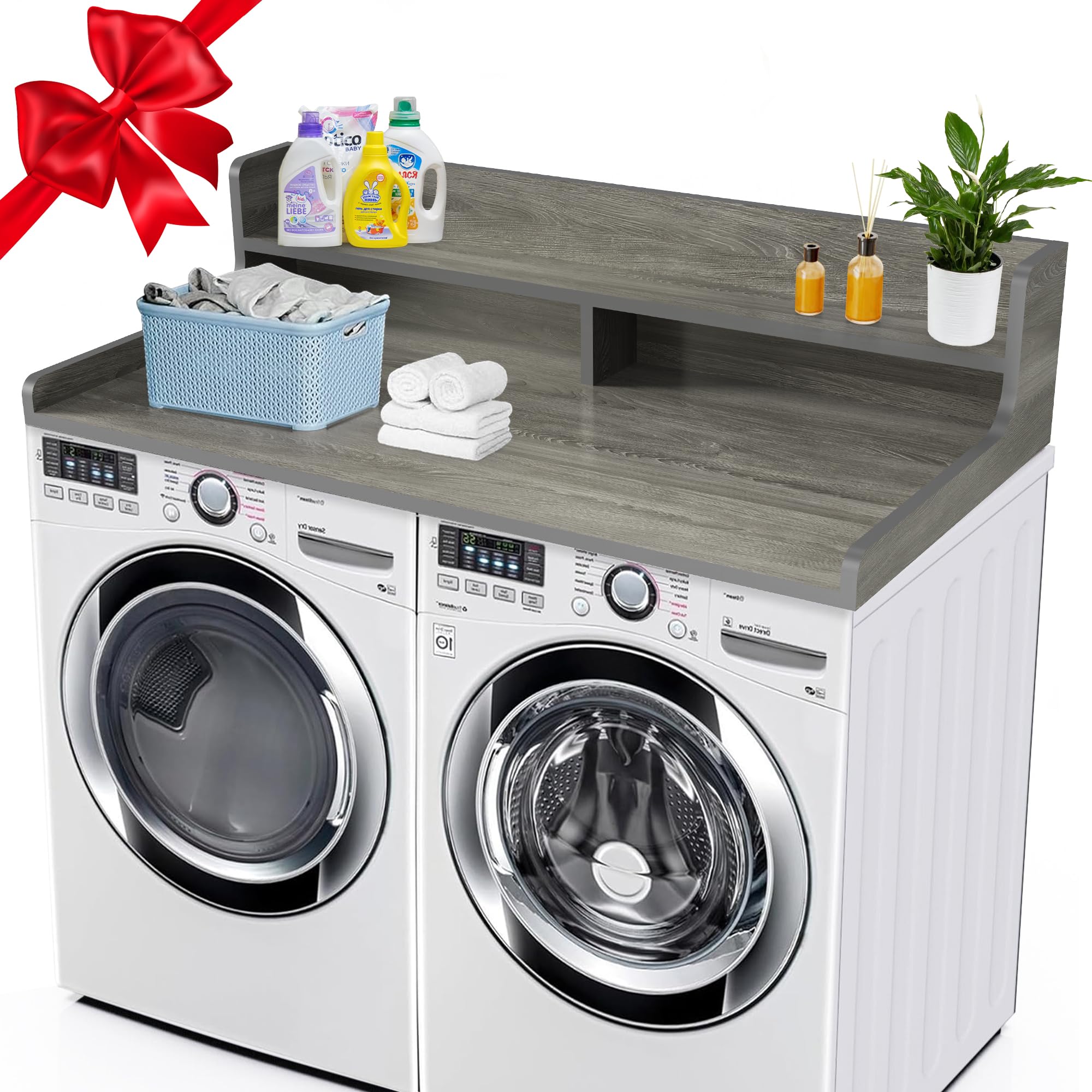 Photo 1 of **DAMAGED CORNERS**KUPABABI Washer Dryer Countertop with 2-Tier Shelf, 3" H Raised Edge Laundry Topper for Washer and Dryer, 54" W x 27.5" D Laundry Room Countertop Organization Storage with Non-Slip Pad (Gray)