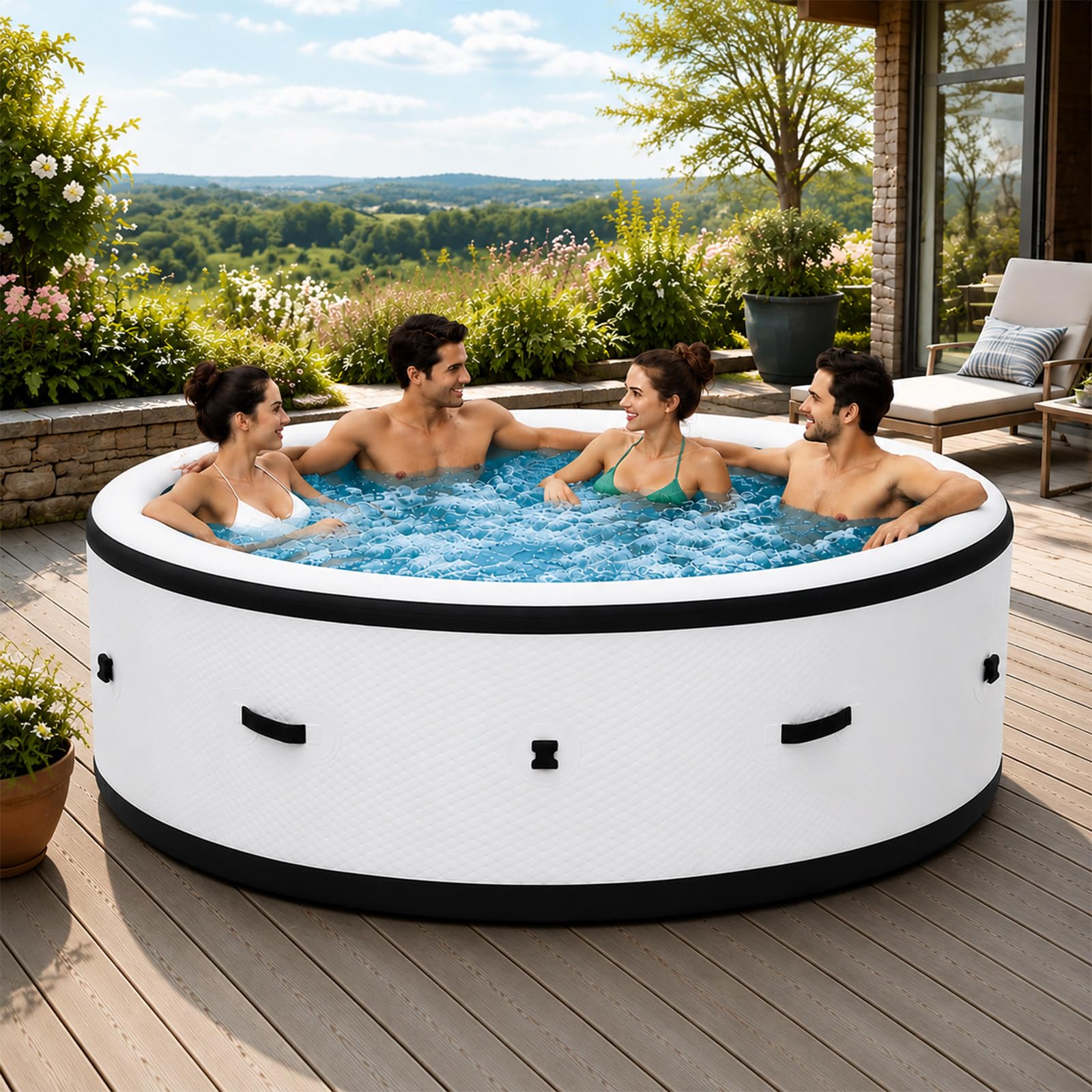 SHUMIAO Inflatable Hot Tub 4-6 Person Portable Spa, 81.1" x 27.95" Blow Up Tub with 150 High-Powered Bubble Jets, 104°F Massaging Heated Tub, 6-Color LED Lights, Anti-Puncture Pool for Lawn Backyard
