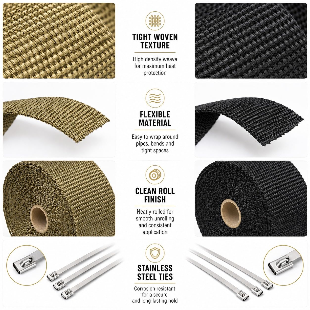 Fascia Termica Scarico, 3 Rotoli, 51 mm x 10 m | Struttura tessuta flessibile per collettori e tubi curvi, con quattro fascette di fissaggio per mantenere l’avvolgimento