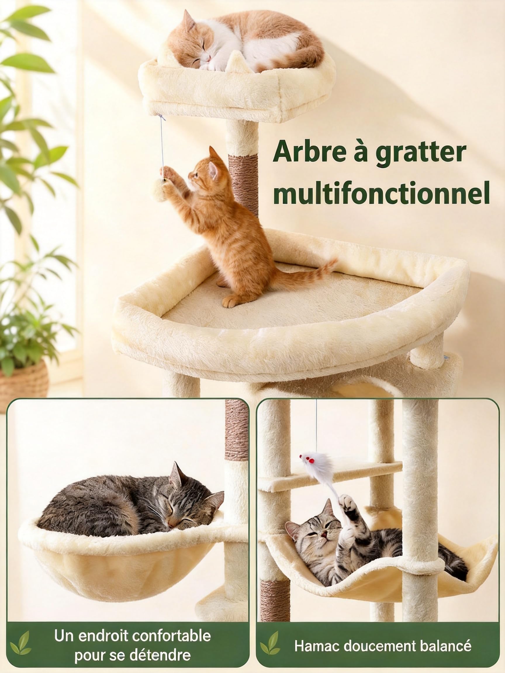 Arbre à Chat 213cm XXL, Tour à Chat Géant pour Grands Chats, Beige | 11 Griffoirs Sisal, 2 Nichoirs, Hamac, Panier, Griffoir Incliné, 2 Plateformes, 2 Jouets, Idéal pour 3-5 Chats, EPT21BW