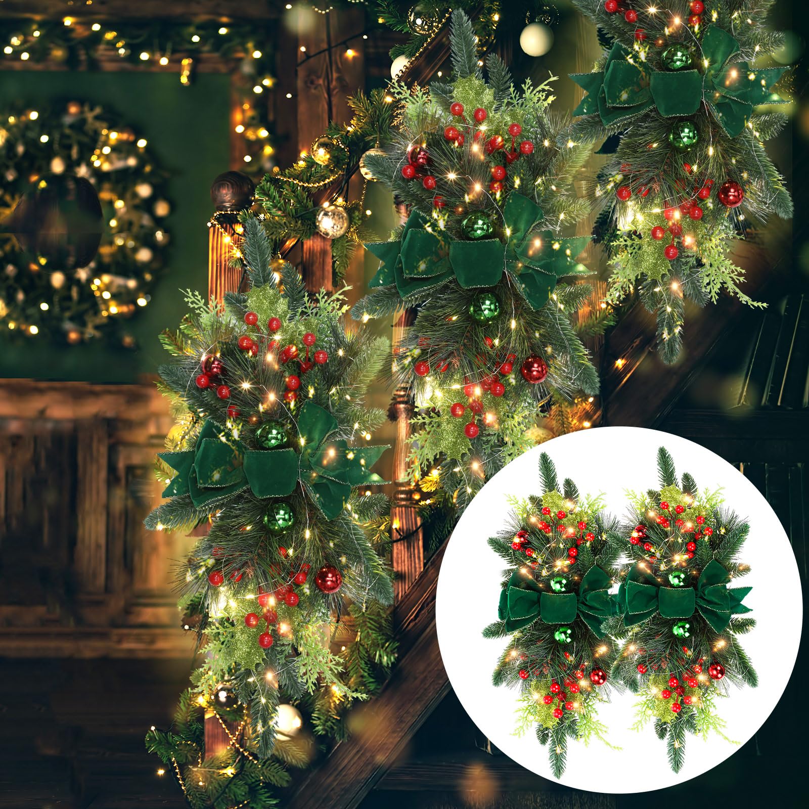 Lyrow Paquete de 4 guirnaldas artificiales de Navidad de 24 pulgadas de Navidad, sin cordón, para escalera, corona, puerta, escalera, guirnalda de Navidad para decoración al aire libre del hogar y