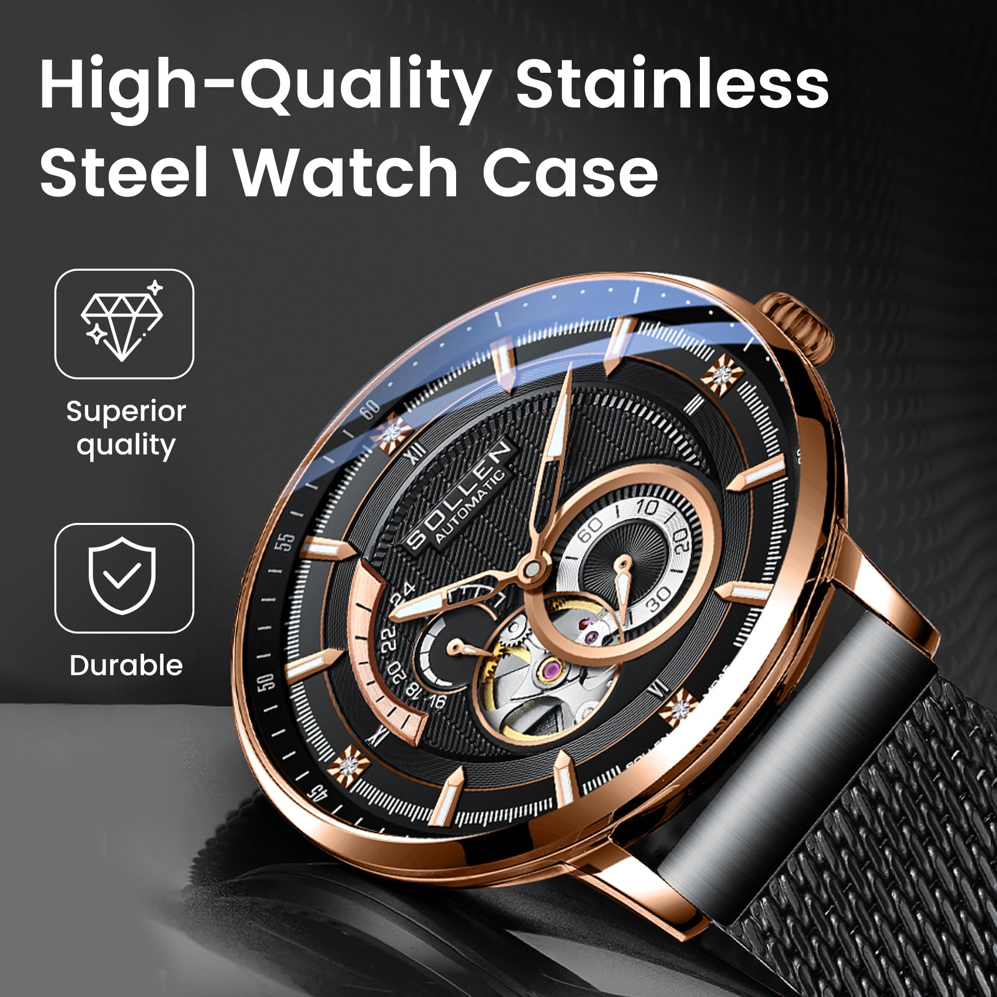 SOLLEN Automatische Skelettuhr für Herren, mechanische Uhr mit 24