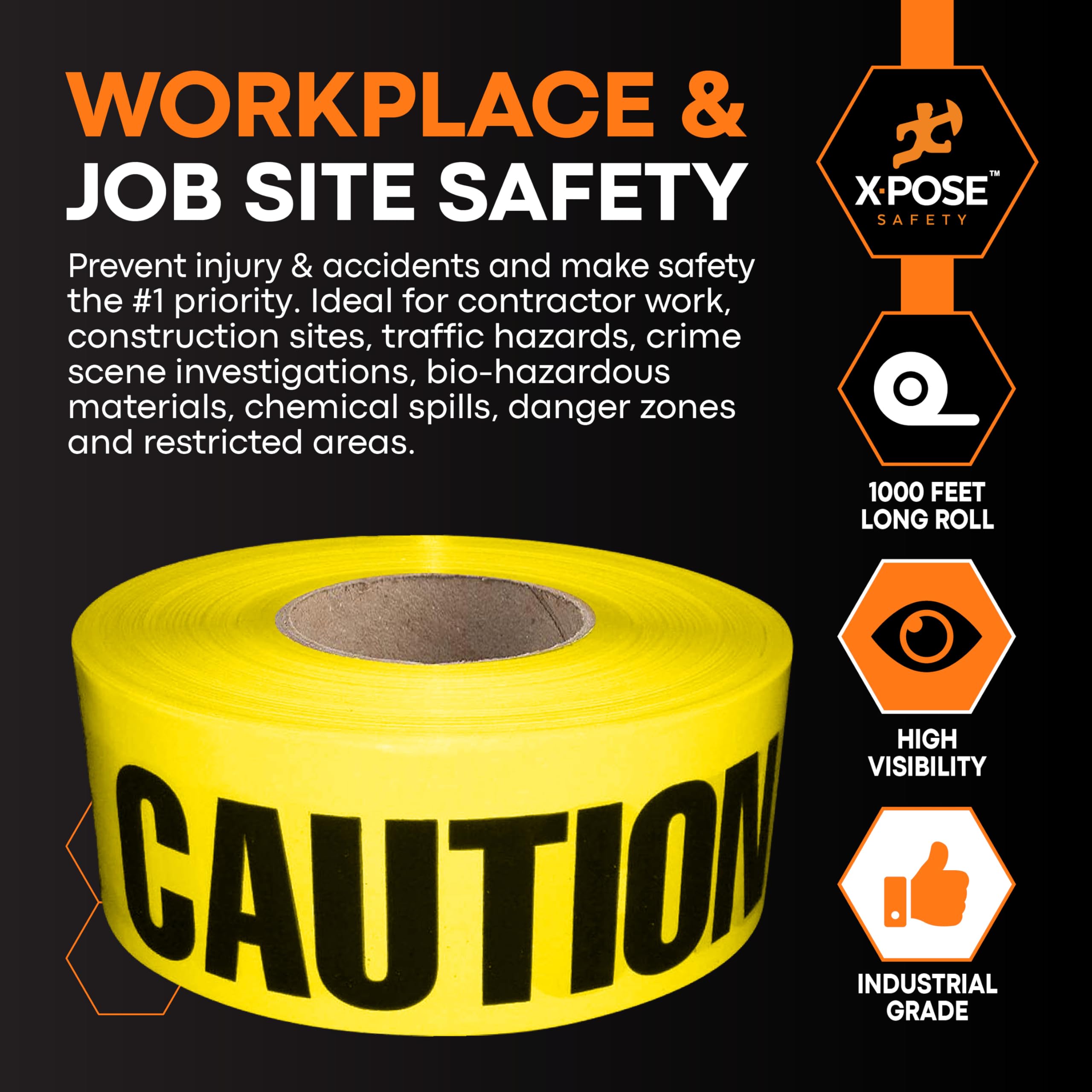 Xpose Safety Klebeband, 2 Rollen – 1000 ft x 7.6 cm breit – gelbes Sicherheitsband für hohe Sichtbarkeit im Außenbereich, Warnung, Flaggen von Baugefahr, Kriminalitätsbarriere, gelb, 2 Pack