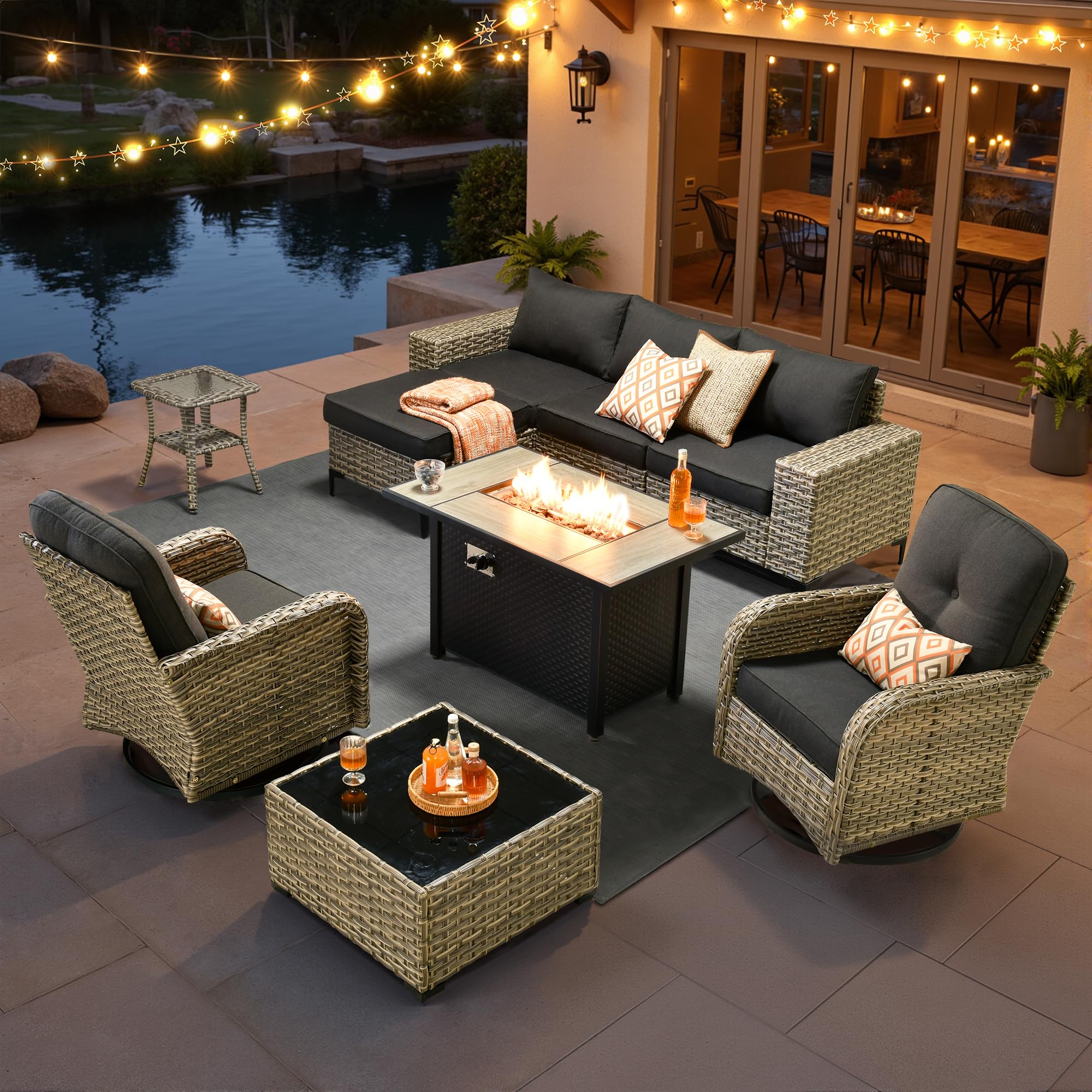 HOOOWOOO Outdoor Sectional Furniture Set with Fire Pit Table,9 Pieces Wicker Patio Conversation Sets,L Shape All Weather Outside Couch Sofa Set with