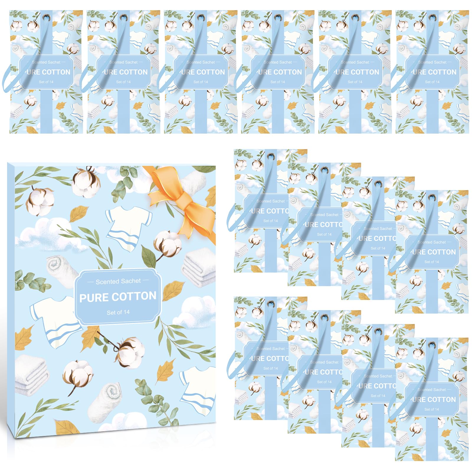 Scent-Hi Wardrobe Freshener, Clean Cotton Scented Sachets 14 Pack - Long Lasting Natural Fragrance Sachets Bags for Closet, Drawers, Cupboard, Car
