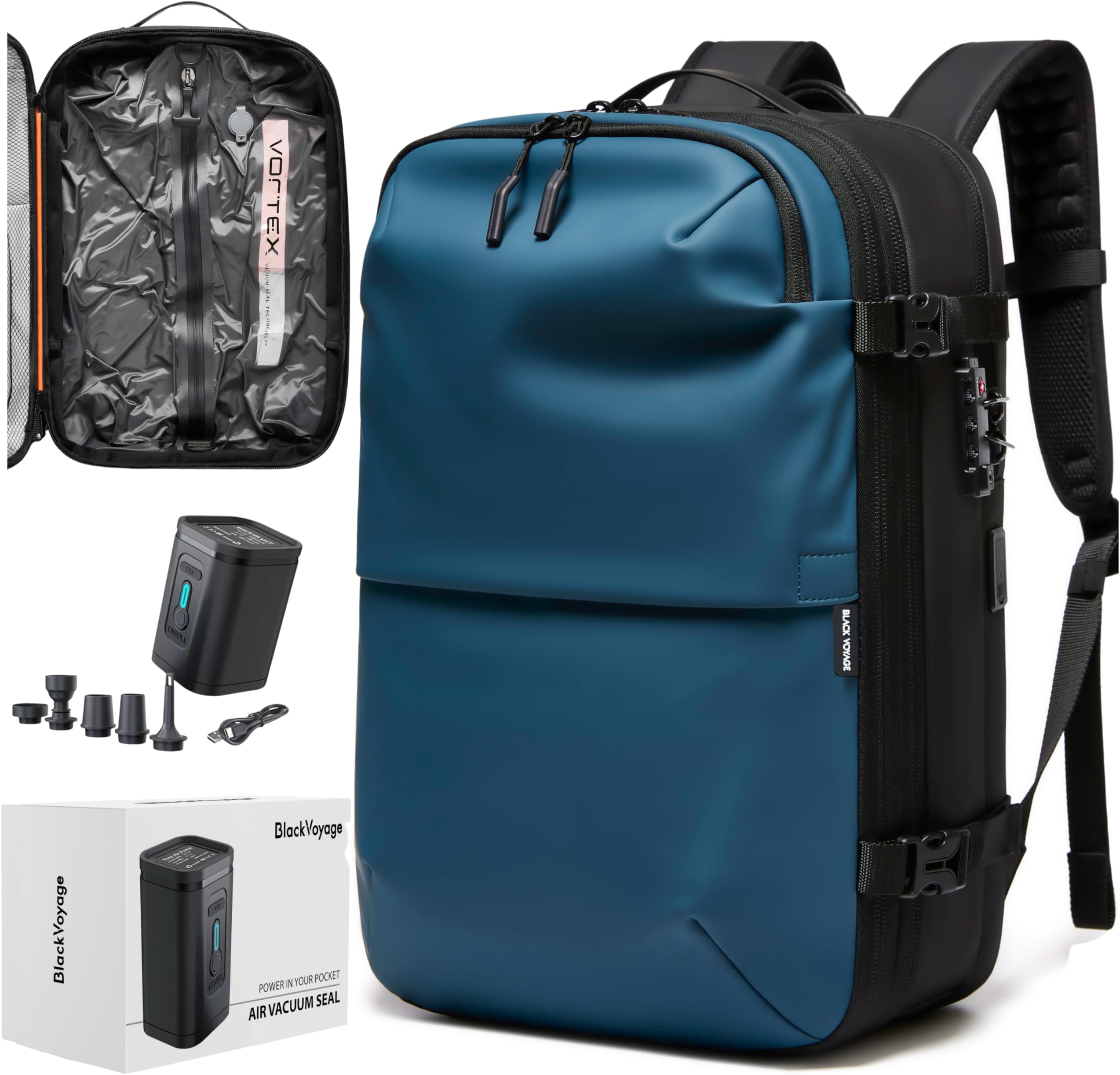 BlackVoyage Vortex Vacuum Seal Travel Backpack 60L Expandable Air Compression System Water Resistant TSA Lock