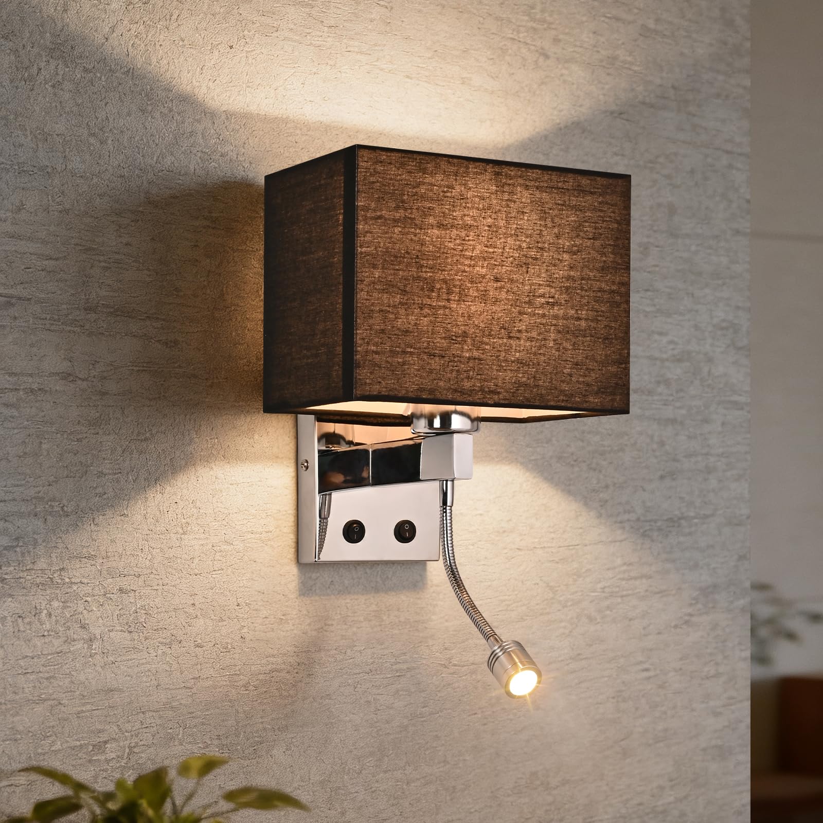 ZMH Indoor Wall Light for Bedroom - Black LED Wall Spotlight 360° Swivel Reading Lamp with Fabric Shade Modern Design E27 Socket with Switch for Hotels