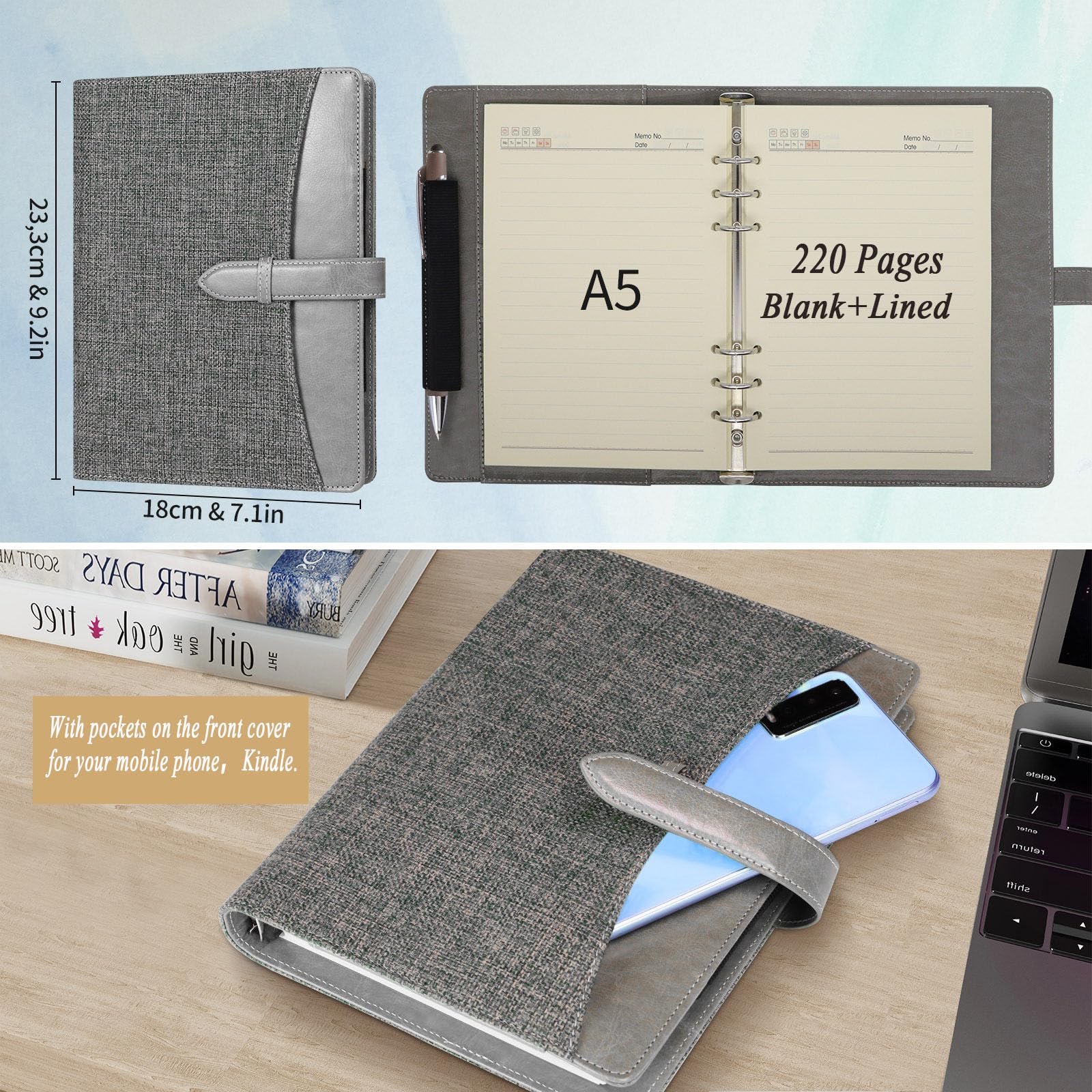 SEEALLDE Notebook A5 200 Pages Ring Binder Diary, Light Grey, A5 23.5x18.5cm - Image 4
