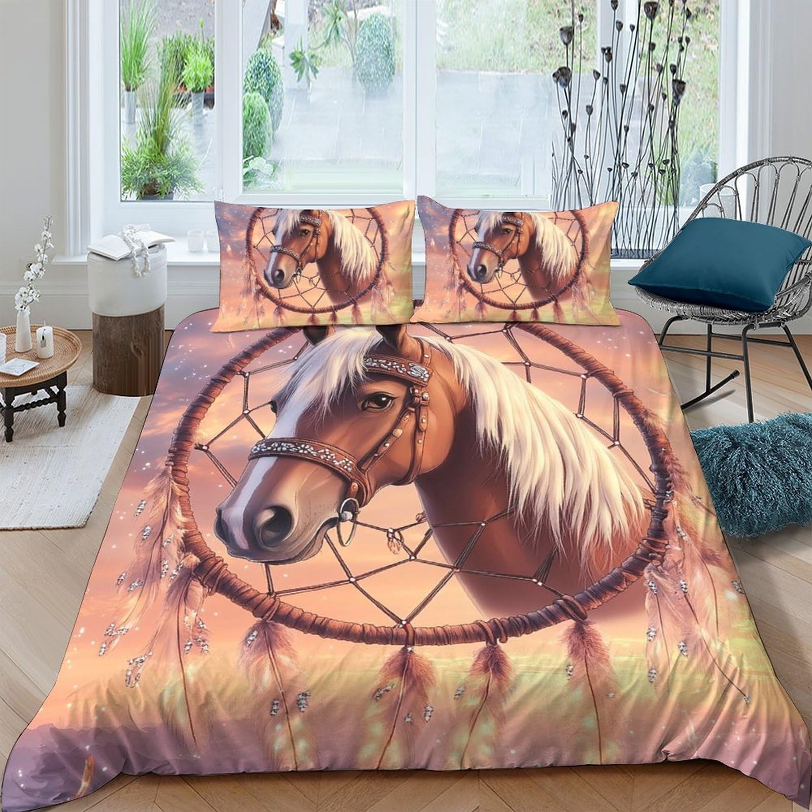 Ctjqhvkz Style-2 3D Printed Horse Dreamcatcher Fitted Sheet Microfiber Soft Brown Artistic Bed Cover For Bedroom Guest Room Easy Care Single（135X200cm）