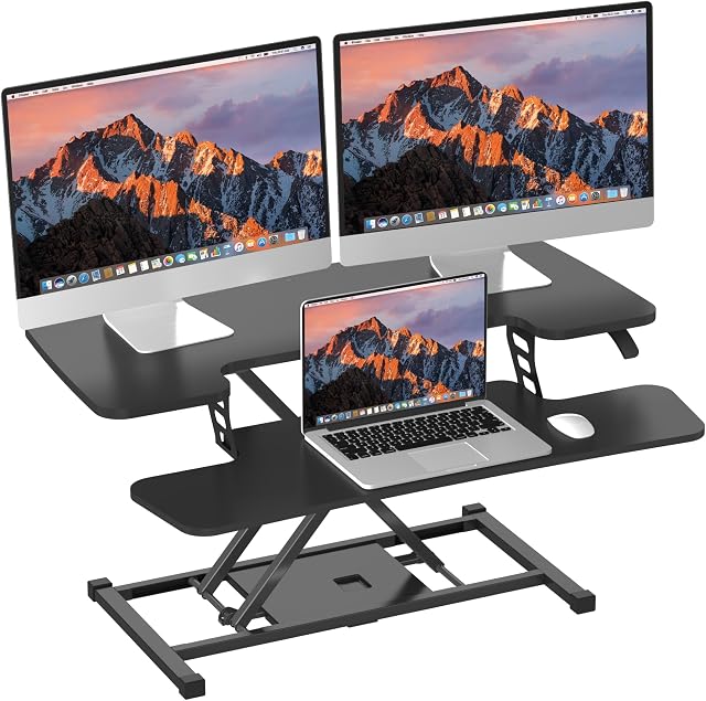 SANODESK 36 inch Height Adjustable Standing Desk Converter, Dual Monitor Workstation with Wide Keyboard Tray for Home Office Laptop, Black