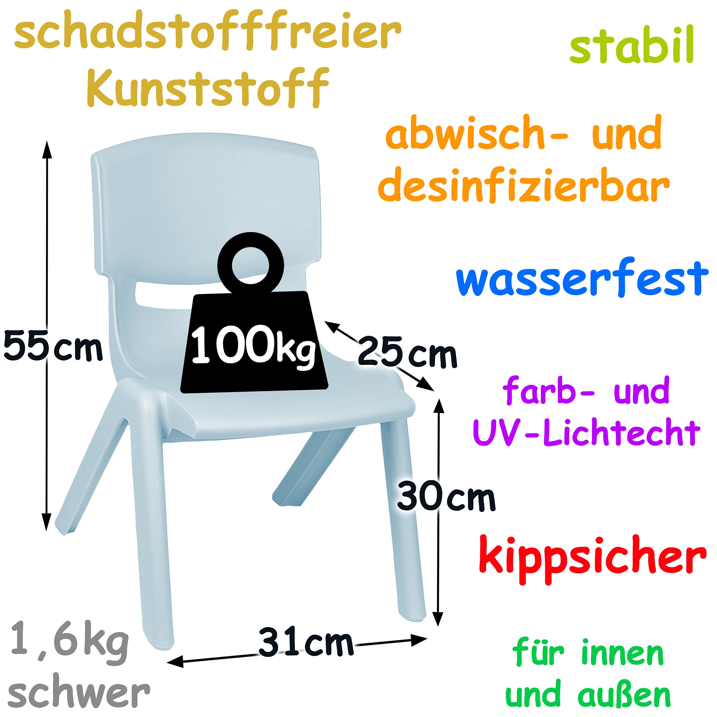 alles-meine.de GmbH 2 Stück - Kinderstühle/Stühle Farbe wählbar blau/eisblau - Pastell - Plastik - bis 100 kg belastbar/kippsicher - für INNEN & AUßEN - 0-99 Jahre - ..
