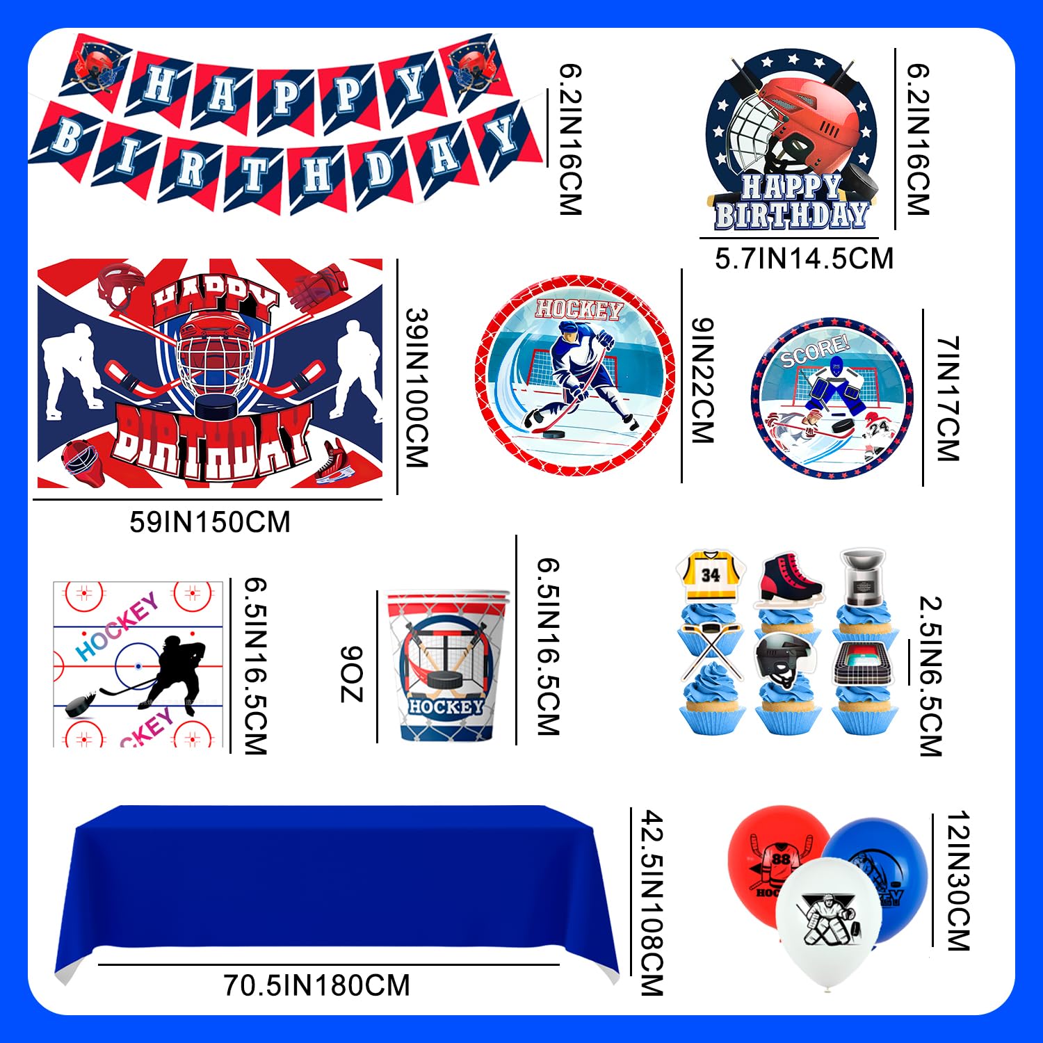 Decorazioni per Feste di Hockey su Ghiaccio,108 Pezzi Forniture per Feste di Compleanno di Hockey Striscioni Piatti Tazze Tovaglioli etc Accessori per Feste di Hockey