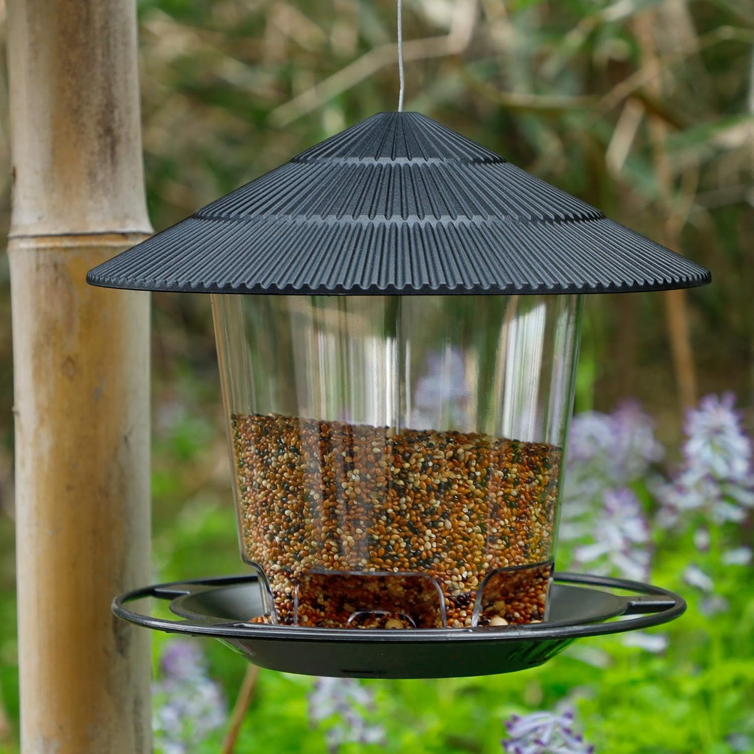 FORUP Panorama Bird Feeder, Hanging Wild Bird Feeder with Round Shaped Roof, Gazebo Bird Feeder for Outside Garden Yard Decoration, Black