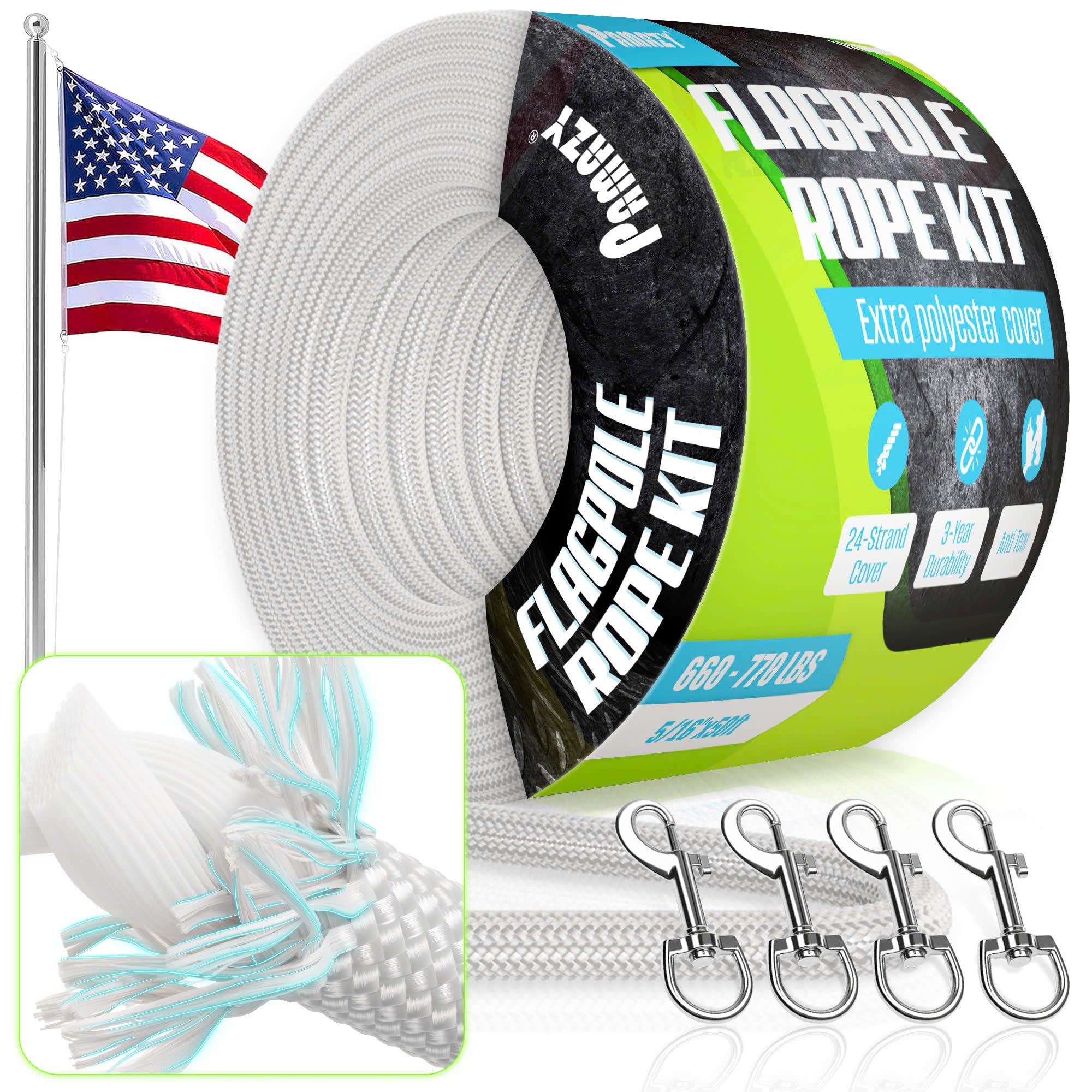 Photo 1 of [Super Durable] 50FT x 5/16” Flagpole Rope Kit- Extra Polyester Cover 770 LBS Breaking Strength, 3-Year Durability Flagpole Halyard & 4Pcs Swivel Snap Clips, Anti-Tear Rope for Flagpole, Utility Use