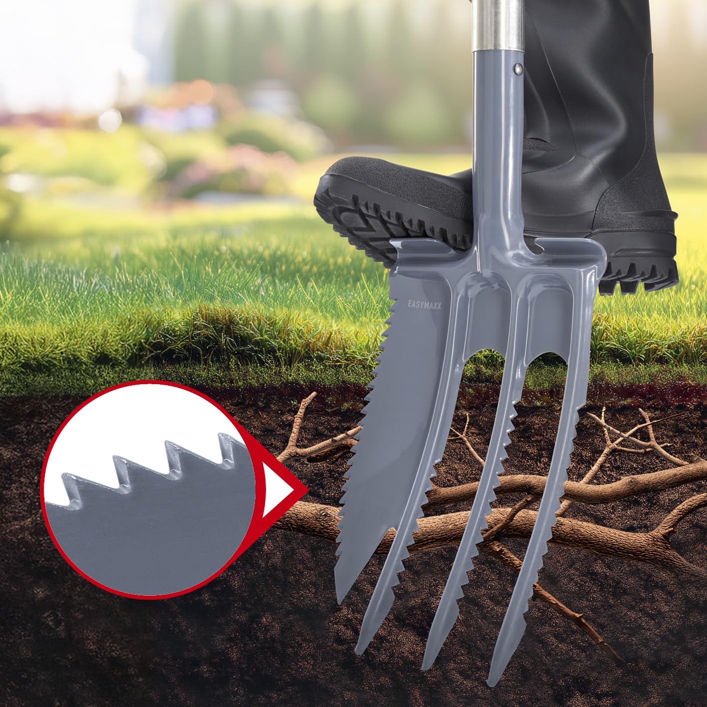 EASYmaxx Łopata do korzeni 4 w 1 i widelec 2 w 1 z piłą do korzeni w zestawie | wielofunkcyjne łopatki do kopania, piłowania, cięcia, spulchniania i przesadzania | Root Digger i łopata korzeni z