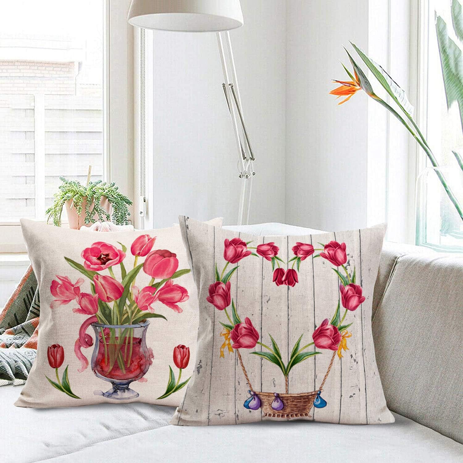 Smilyard Spring Tulips Pillow Covers 16x16 Inch Set of 4 Wood Grain Truck Floral Farmhouse Throw Pillow Cases Outdoor Pillows Decorative Fresh Flower Market Cushion Cover for Home Couch(Tulips 4Pcs)