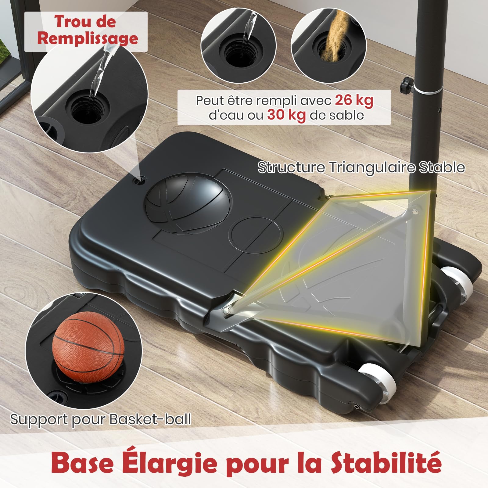 GYMAX Panier Basket Extérieur pour Enfants 3 Ans+, Hauteur 100 à 212 cm, Mobile avec 2 Roues, Base Stable Remplissable, Espace pour Rangement de Ball, Installation et Réglage Facile
