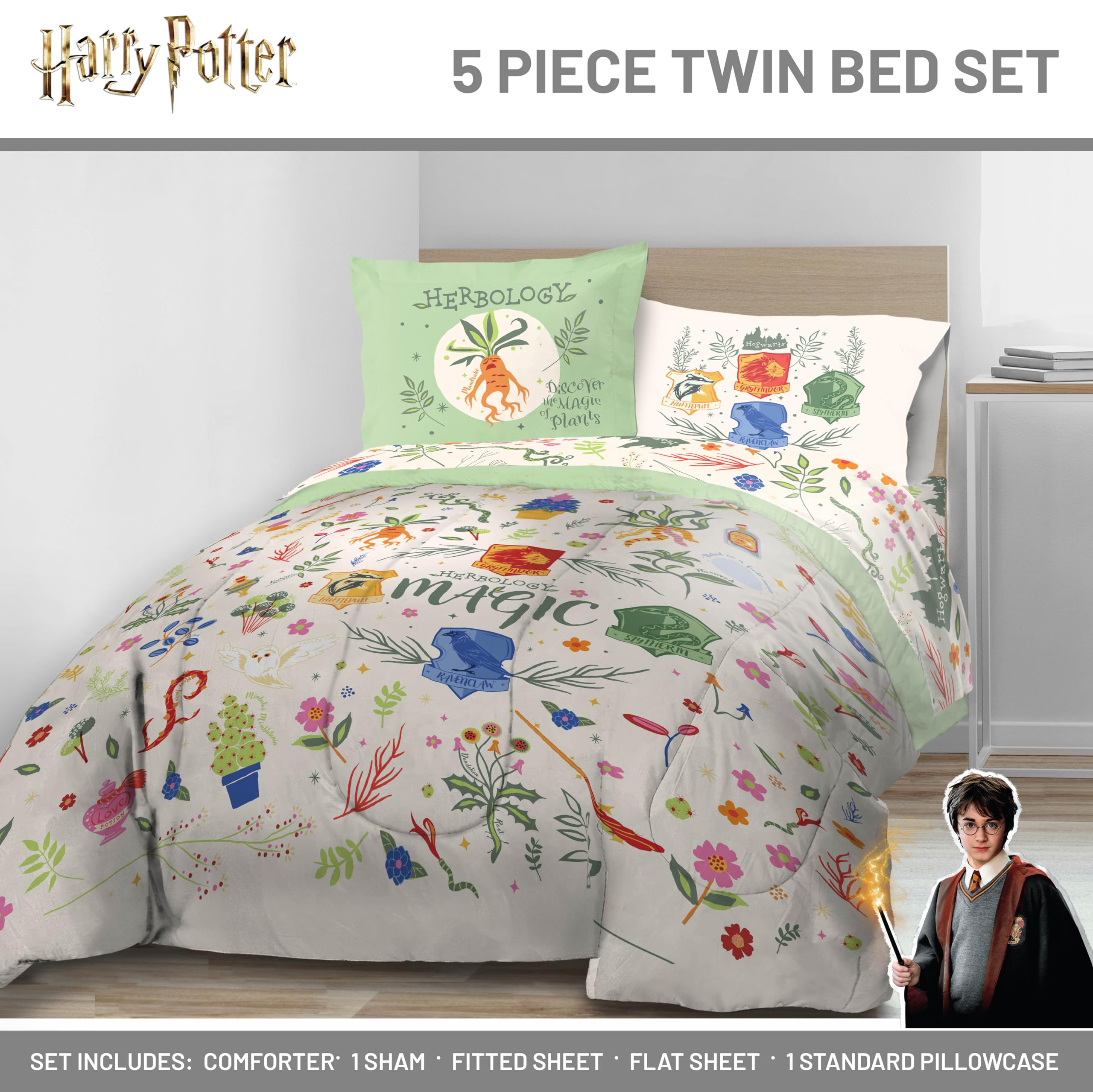 Jay Franco Set copripiumino per letto matrimoniale Harry Potter, 5 pezzi, include lenzuola e federe, super morbido, Hogwarts Herbology Bedding