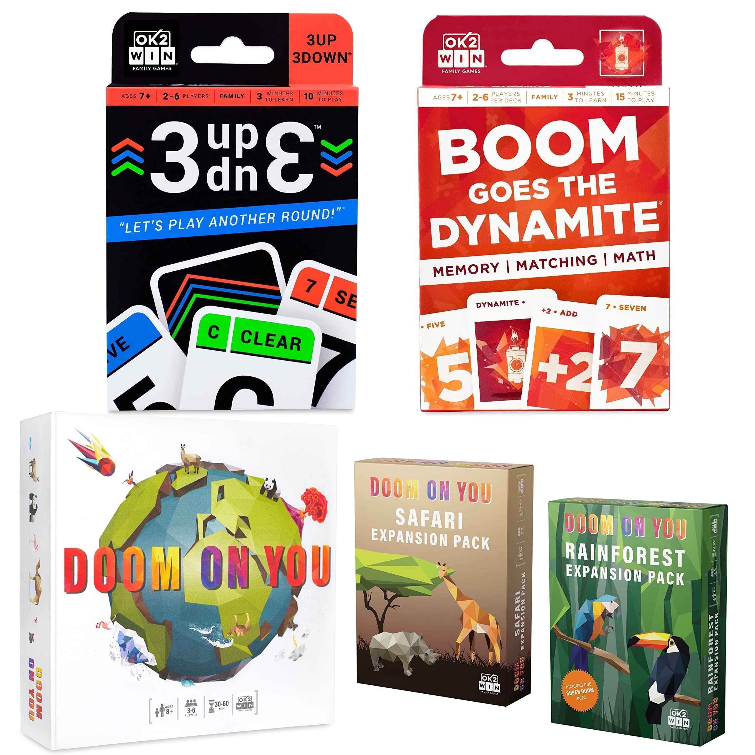 Amazon.com: 3up 3down Card Game and Boom Goes The Dynamite Card Game and  Doom On You Card Game and Rainforest Expansion and Safari Expansion Bundle  : Toys & Games