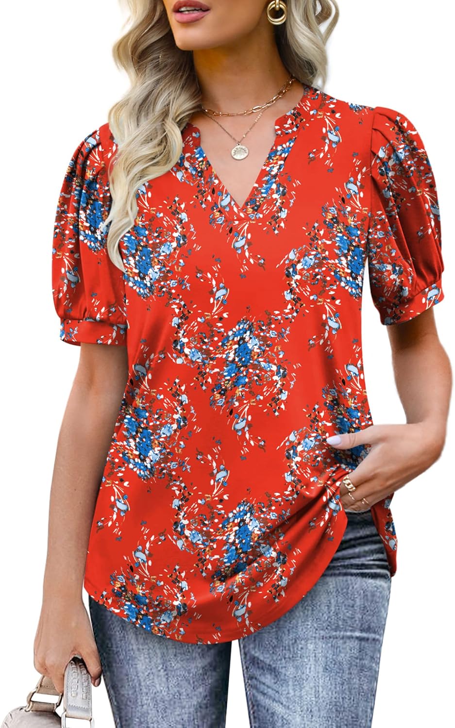 Womens Floral Printed Tops Summer V Neck Short Puffy Sleeve Tshirts Casual Tunic Red M - Image 2
