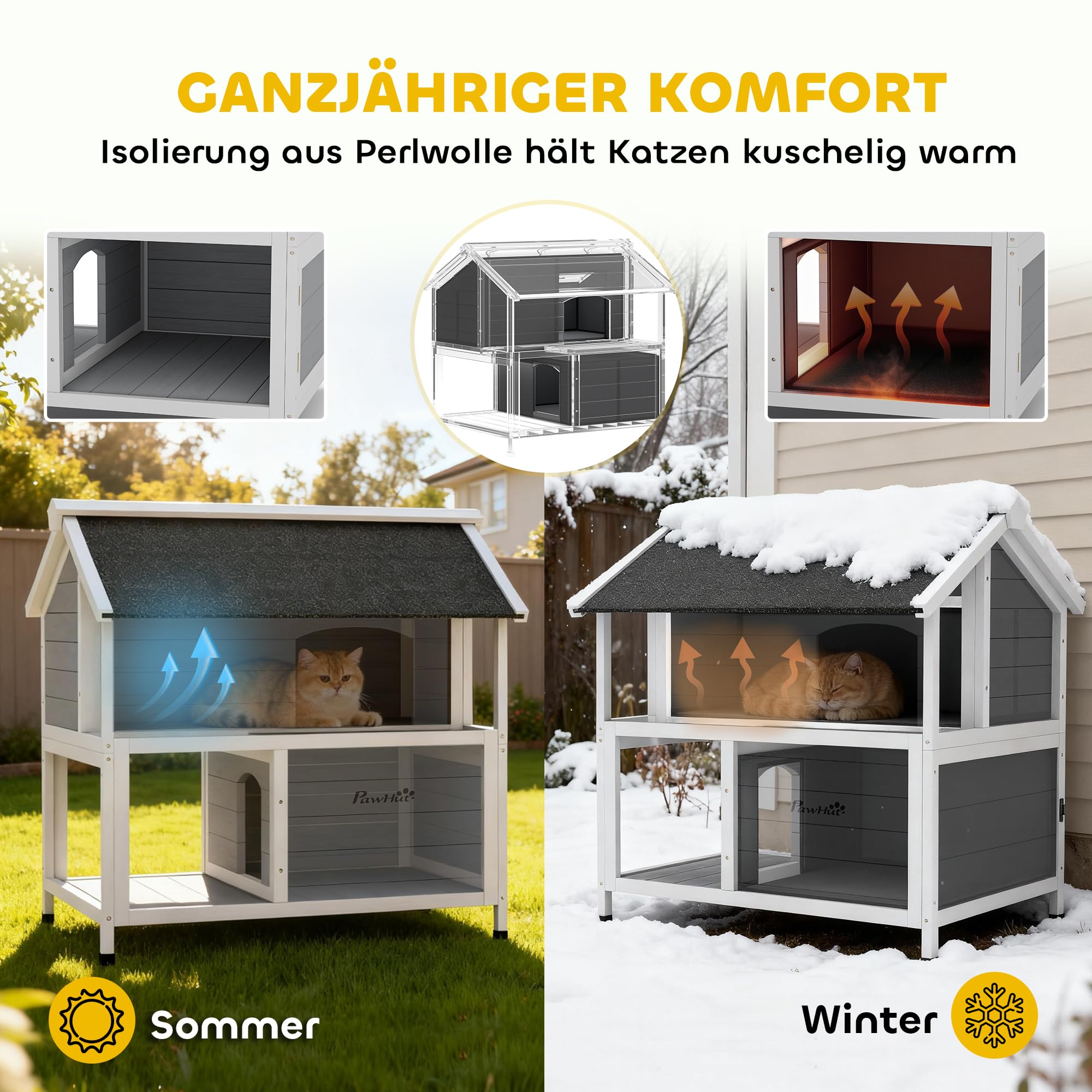 PawHut Katzenhaus aus Holz Winterfeste Katzenhöhle 80 x 93 x 95 cm Grau