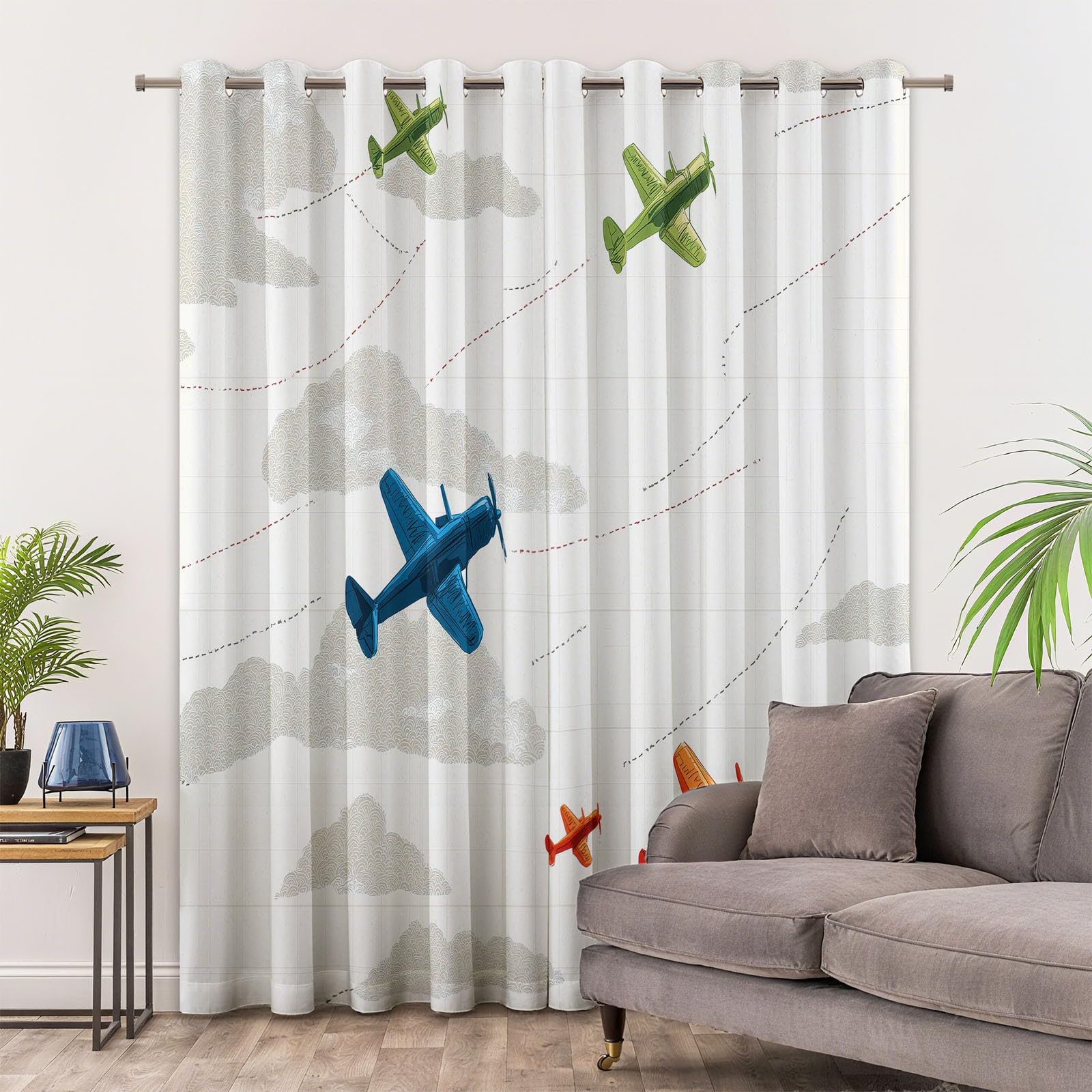 Rideau Occultant Isolants Thermiques À Oeillets Transport Avion Nuages, 110 x 215 cm Lot de 2 Rideaux Thermiques Isolants Anti Froid Imprimé pour Salon Chambre Bebe Enfant, Beige
