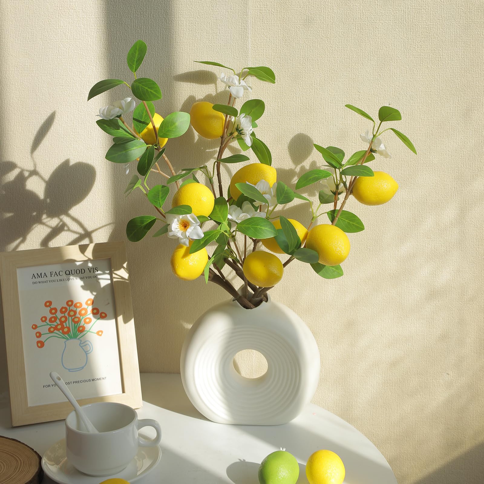 Hejo 3PCS Lifelike Artificial Lemon Branches - 9 Artificial Lemon Fruits, 52cm Fake Lemon Stems for Summer Home Kitchen Farmhouse Party Decor