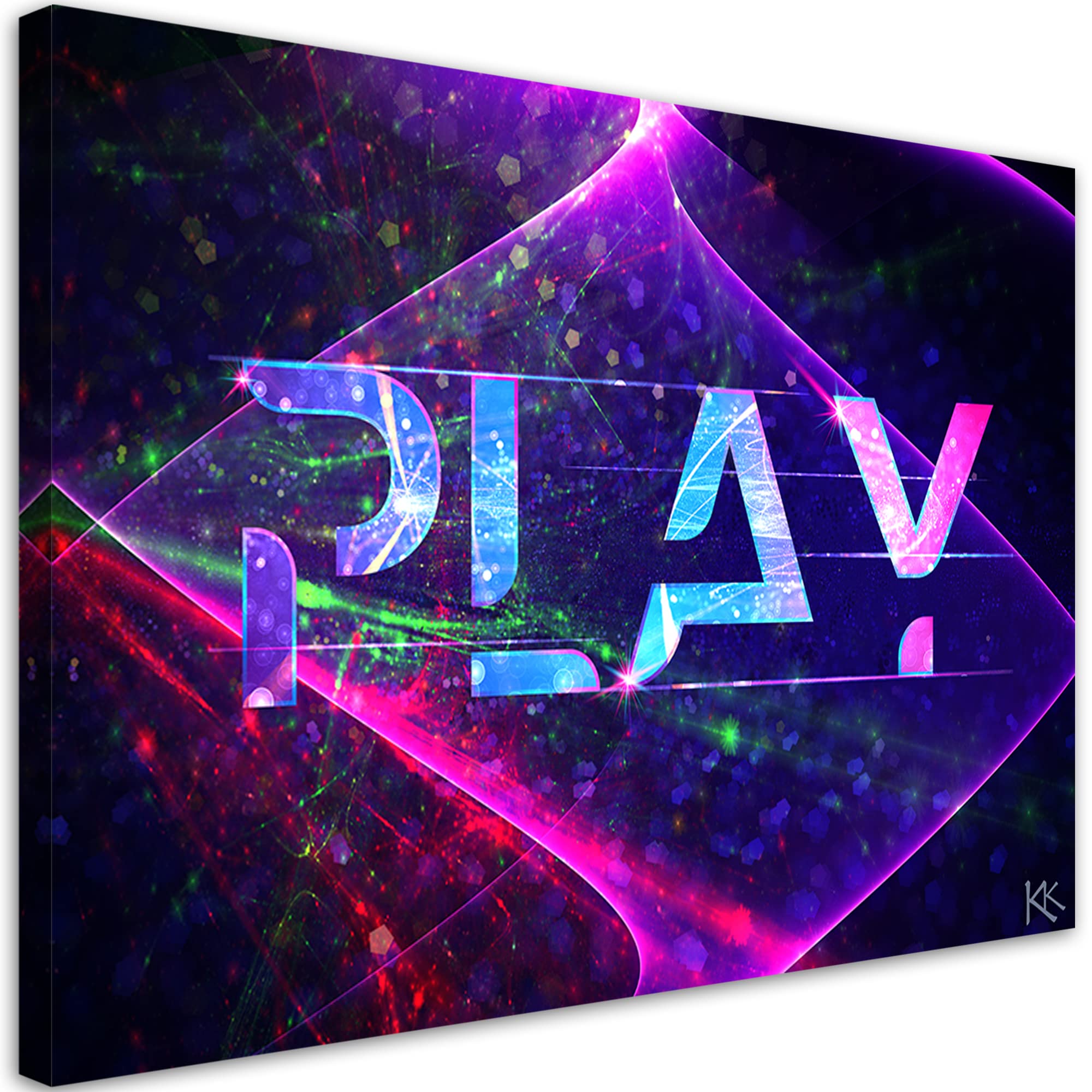 Feeby 1-teilig Vlies Leinwandbild 90x60 cm Spiele Gaming PLAY Druckbild Wandbild Wanddekoration Deko Wand Aesthetic Für den Gamer Laser Neon Violett