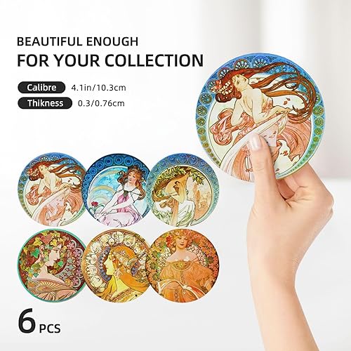 Miniatura 4 de Alphonse Mucha - Juego de 6 posavasos absorbentes con soporte, decoración de mesa auxiliar, posavasos de piedra de cerámica con base de corcho,