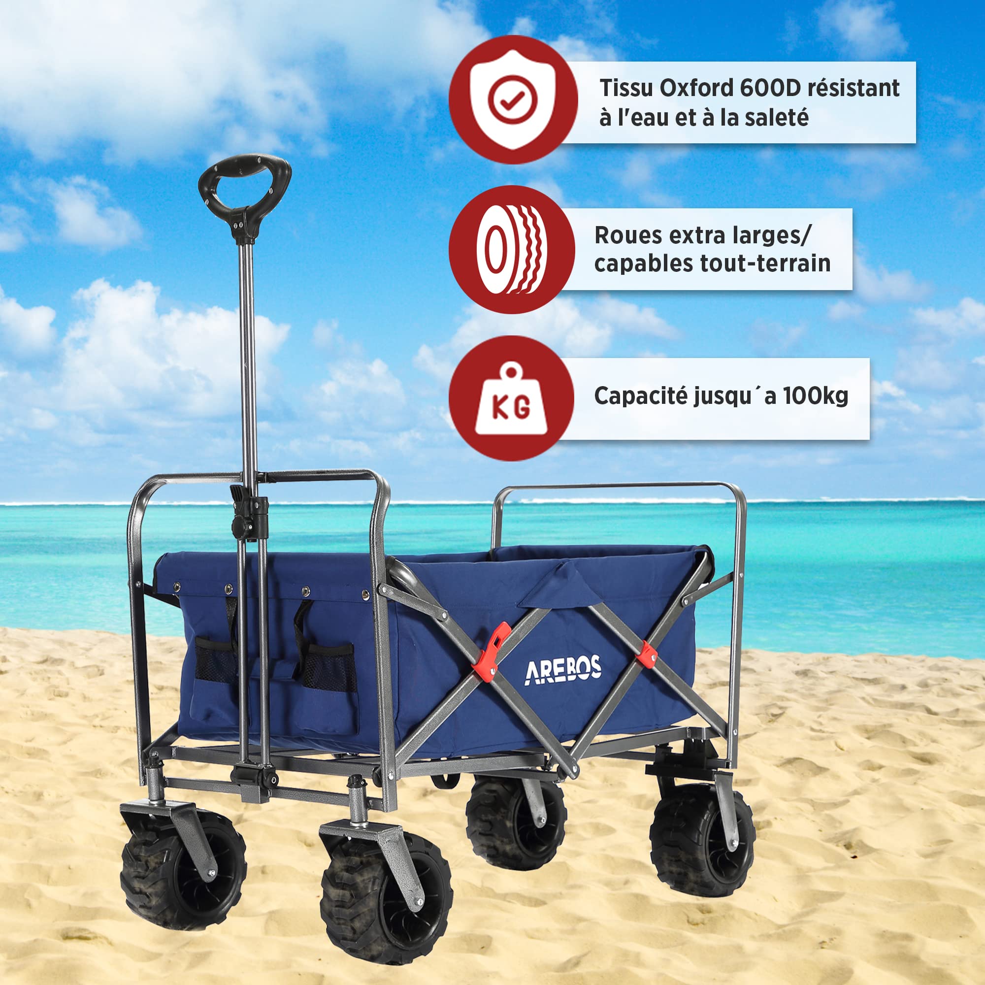 Arebos Chariot Pliable de Transport | Bollerwagen Pliable Tout-Terrain avec Roues XL | Chariot de Jardin et Plage | Chariot de Courses Robuste pour Camping, Pique-Nique et Loisirs | Bleu