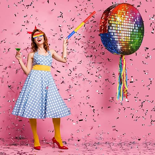 Miniatura 5 de Aoriher Piñata para fiesta de discoteca de los años 80 y 90, piñata, espejo, bola de discoteca, piñata, hip hop, patinaje, fiesta, piñata, palo,