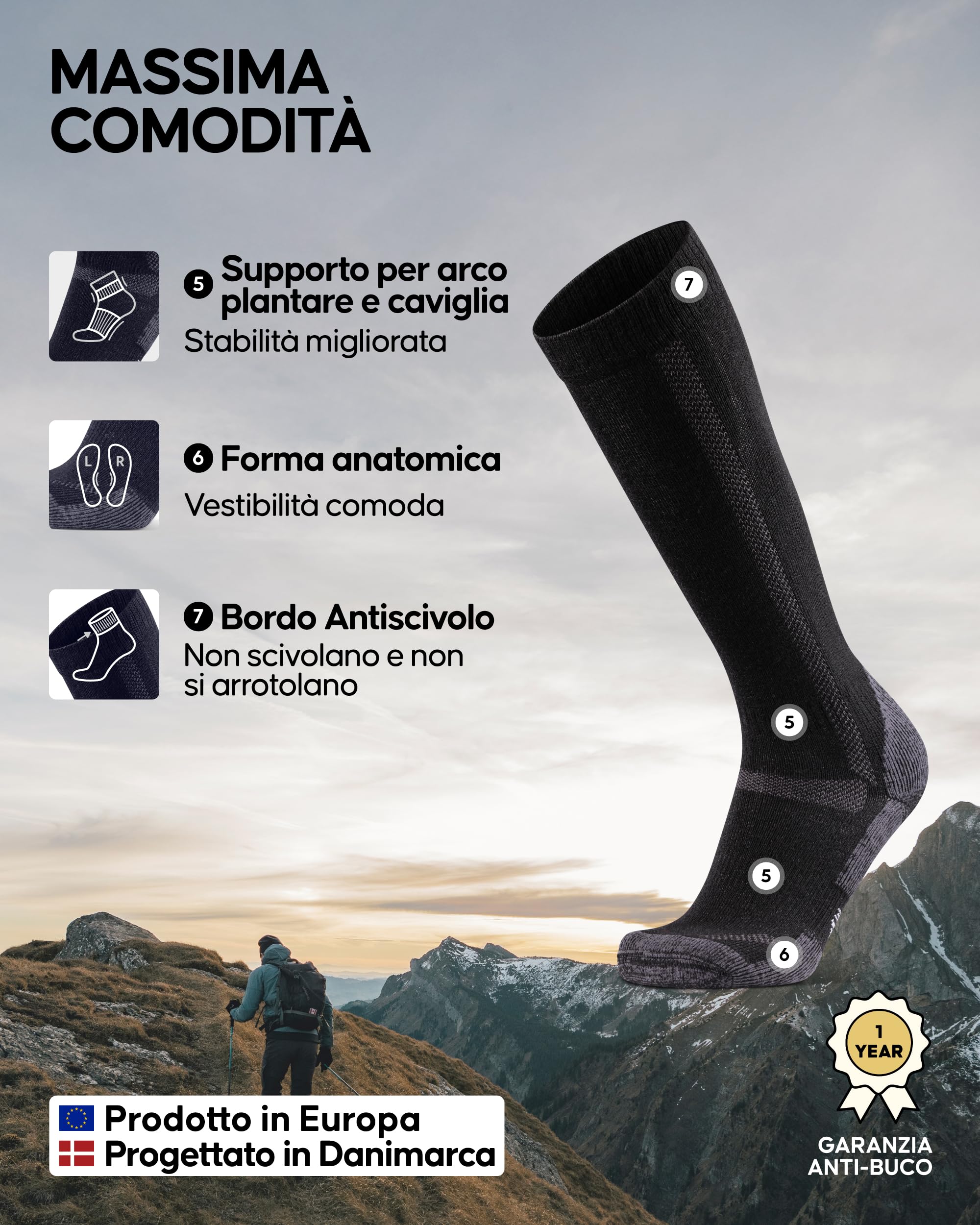 DANISH ENDURANCE Calze Lunghe Trekking in Lana Merino, Calzettoni Anti Vesciche, da Uomo e Donna, 1 o 3 Paia