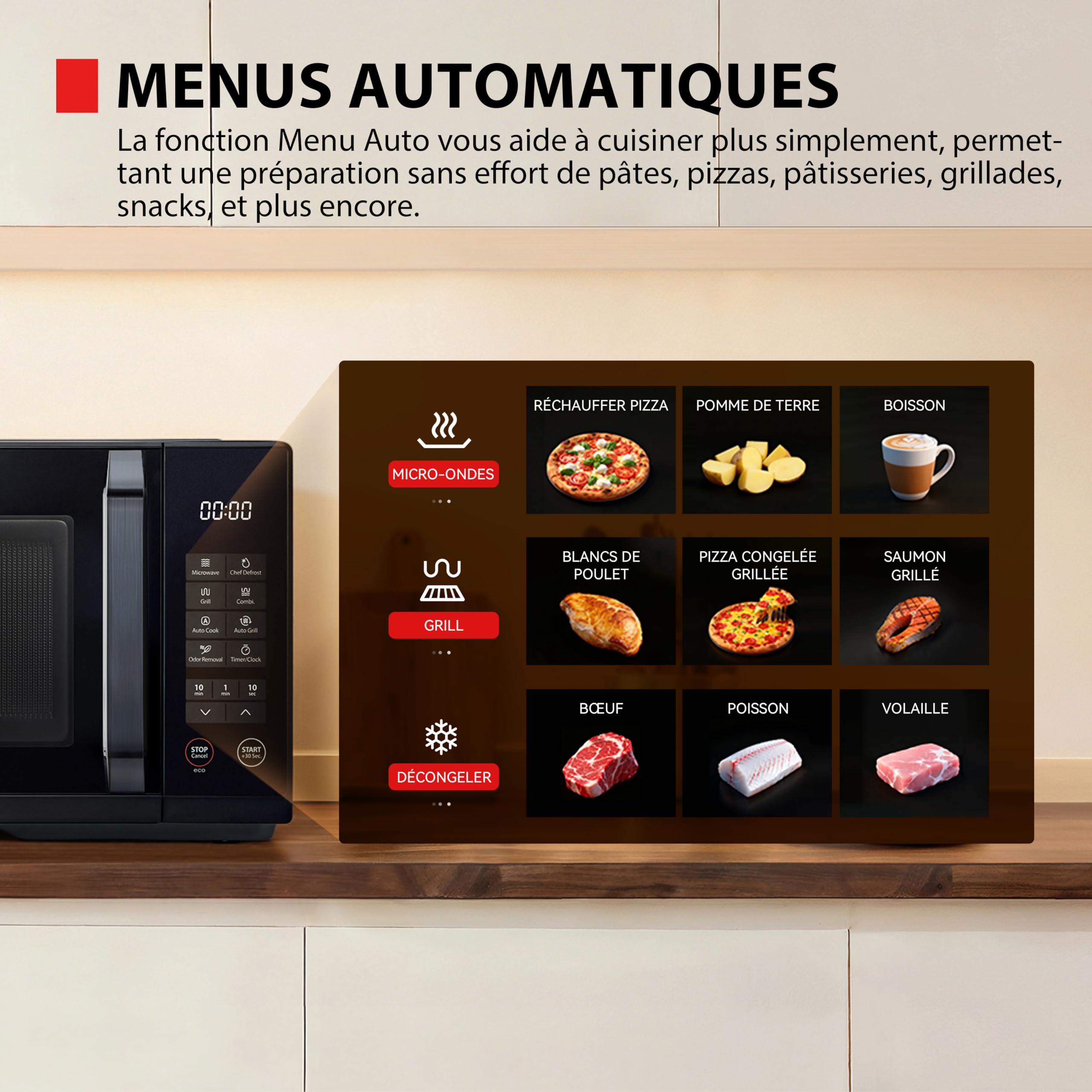 Toshiba Four micro-ondes Posable MW3-EG23PE(BK) avec grill, 23 L, 800 W, grill 1000 W,10 niveaux de puissance, fonction Chef Defrost, menu automatique, facile à nettoyer, noire