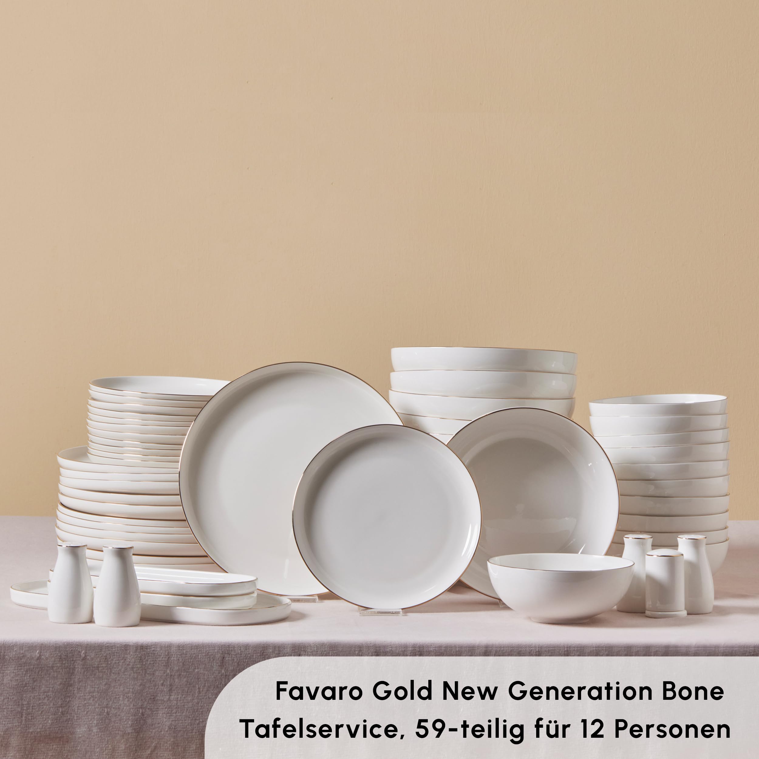 Karaca Streamline Favaro Gold 56-teiliges Geschirrset – Elegantes Gold-Akzent New Generation Bone für anspruchsvolle Tischarrangements und vielseitige Verwendung