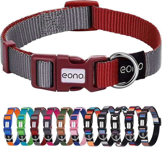 Amazon Brand - Eono Extra Small Dog Collar - Quick Release Nylon Dog Collars for Puppies/Small Dogs - Comfortable Dog Collar Grey and Red - Adjustable Dog Collar (3/8" Wide, 812" Long)